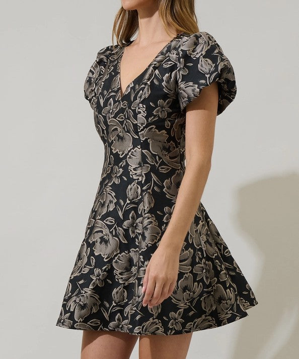 BLACK & SILVER JACQUARD FLORAL PRINT FIT AND FLARE MINI DRESS