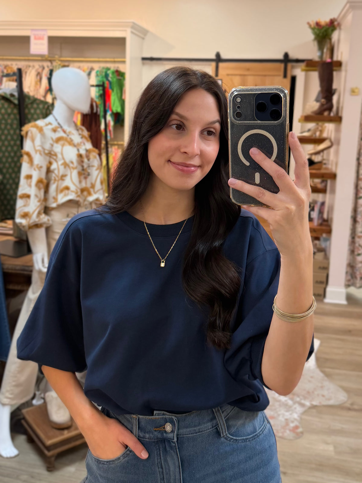 NAVY ROUND NECK BUBBLE SLEEVE TOP