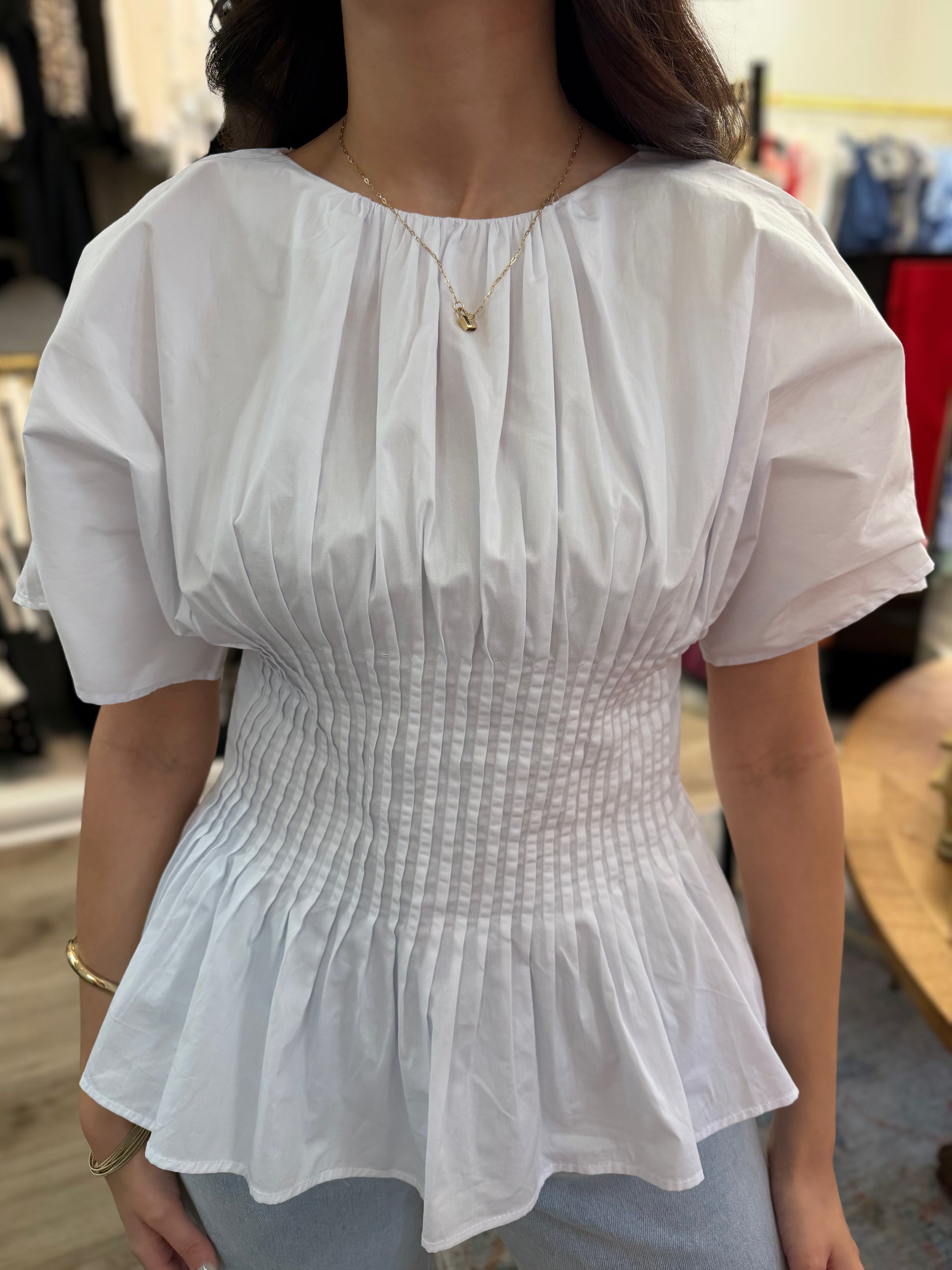 WHITE PLEATED WAIST PEPLUM TOP