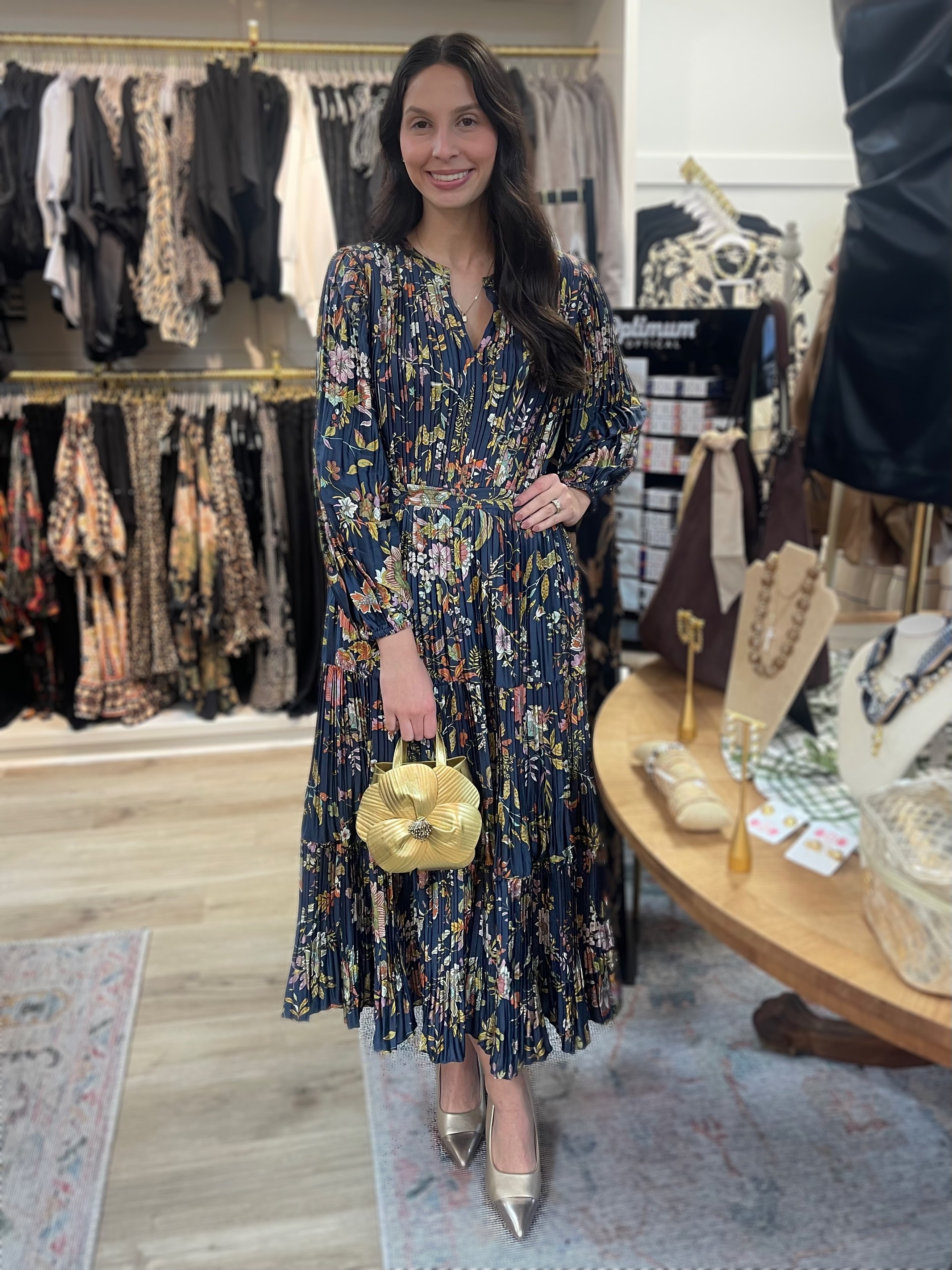 NAVY MUTLI FLORAL PRINT PLEATED LONG SLEEVE MIDI DRESS