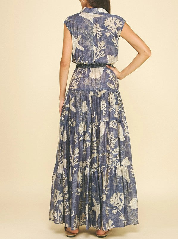 DUSTY NAVY BOTANICAL PRINT TIERED MAXI DRESS