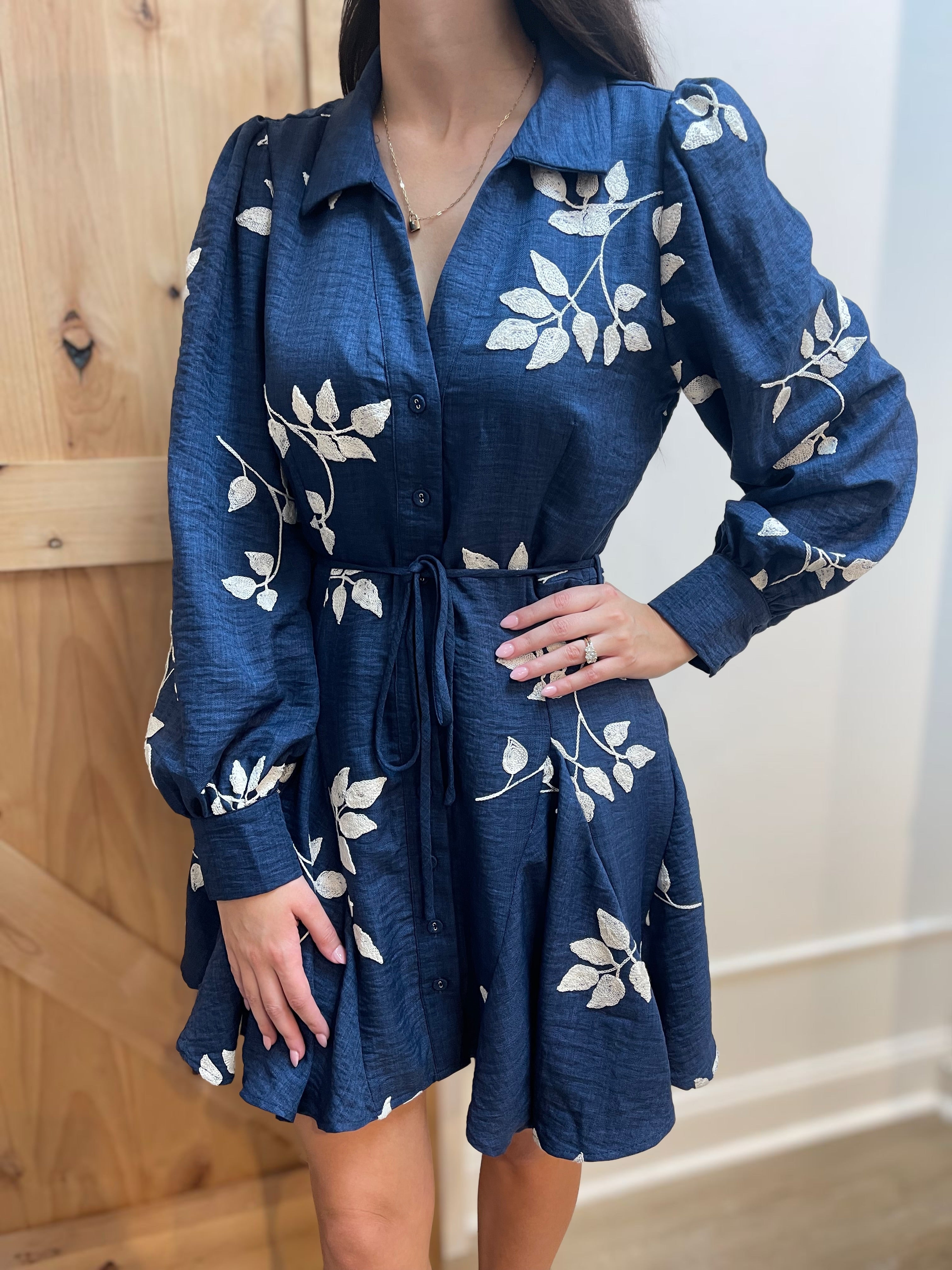 NAVY/WHITE EMBROIDERED LONG SLEEVE BUTTON DOWN MINI DRESS