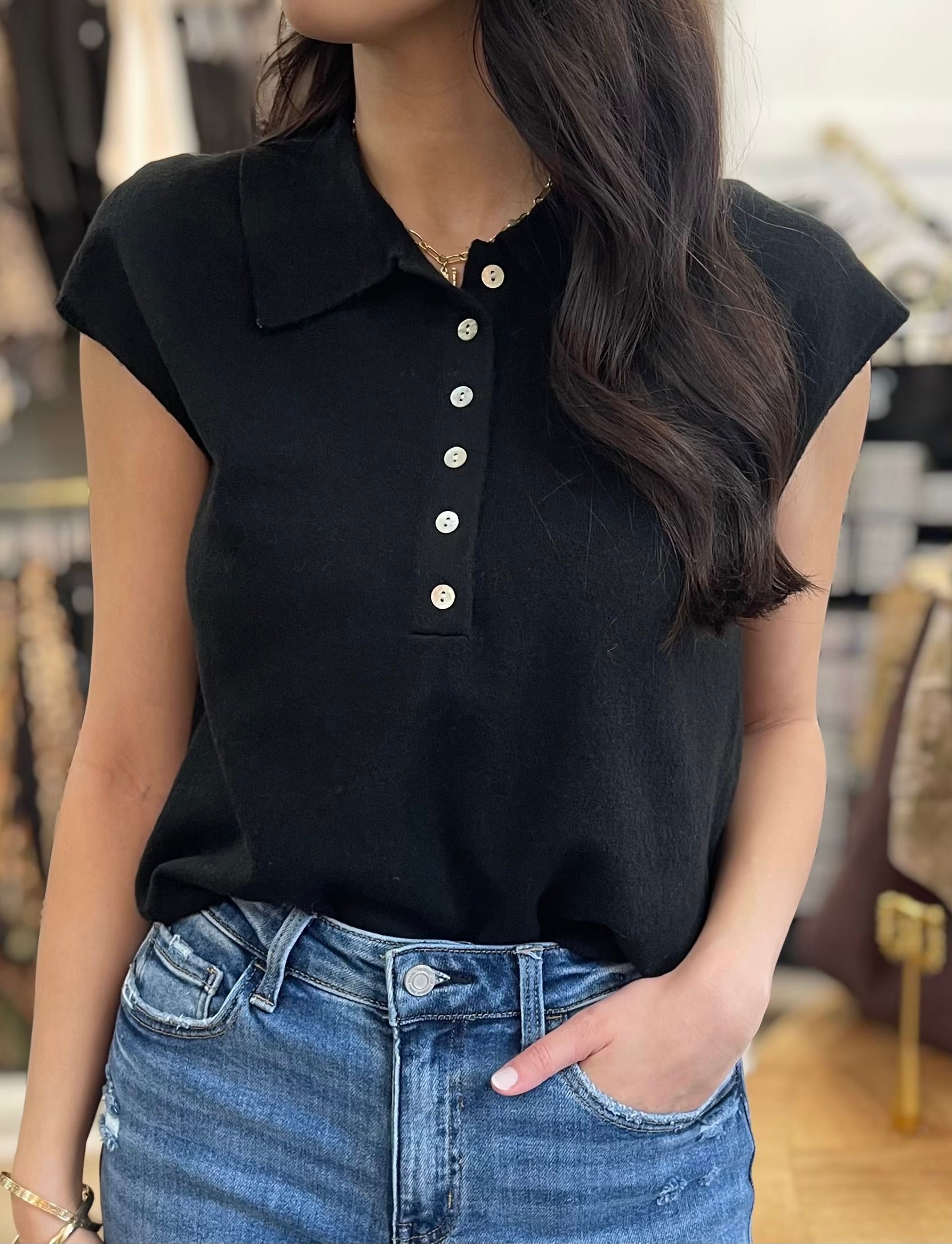 BLACK CAP SLEEVE COLLARED SWEATER VEST