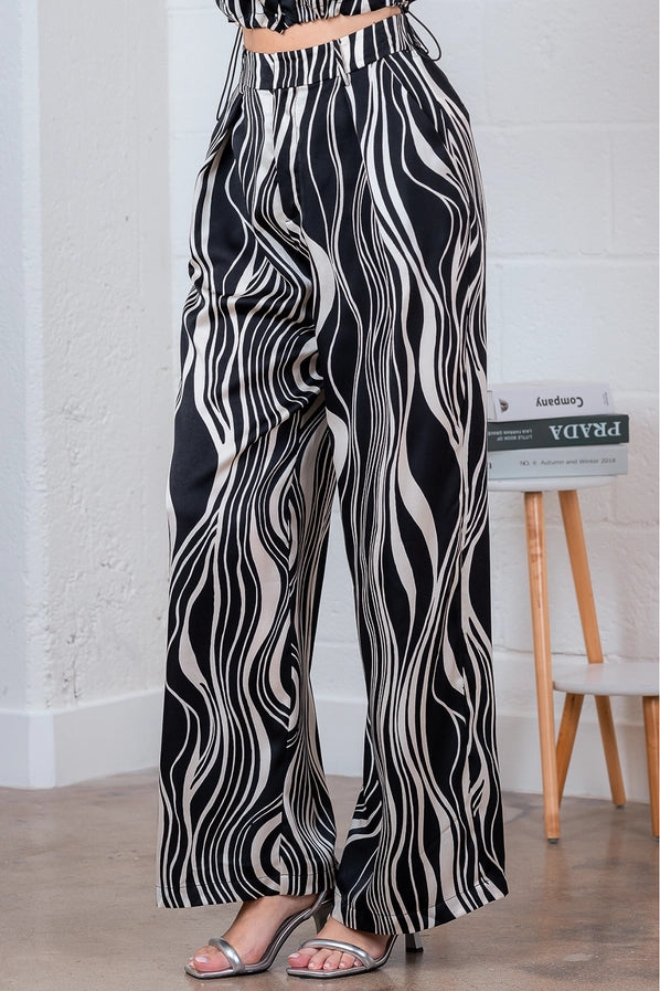 BLACK/IVORY PRINT HIGH WAISTED WIDE LEG SATIN PANTS