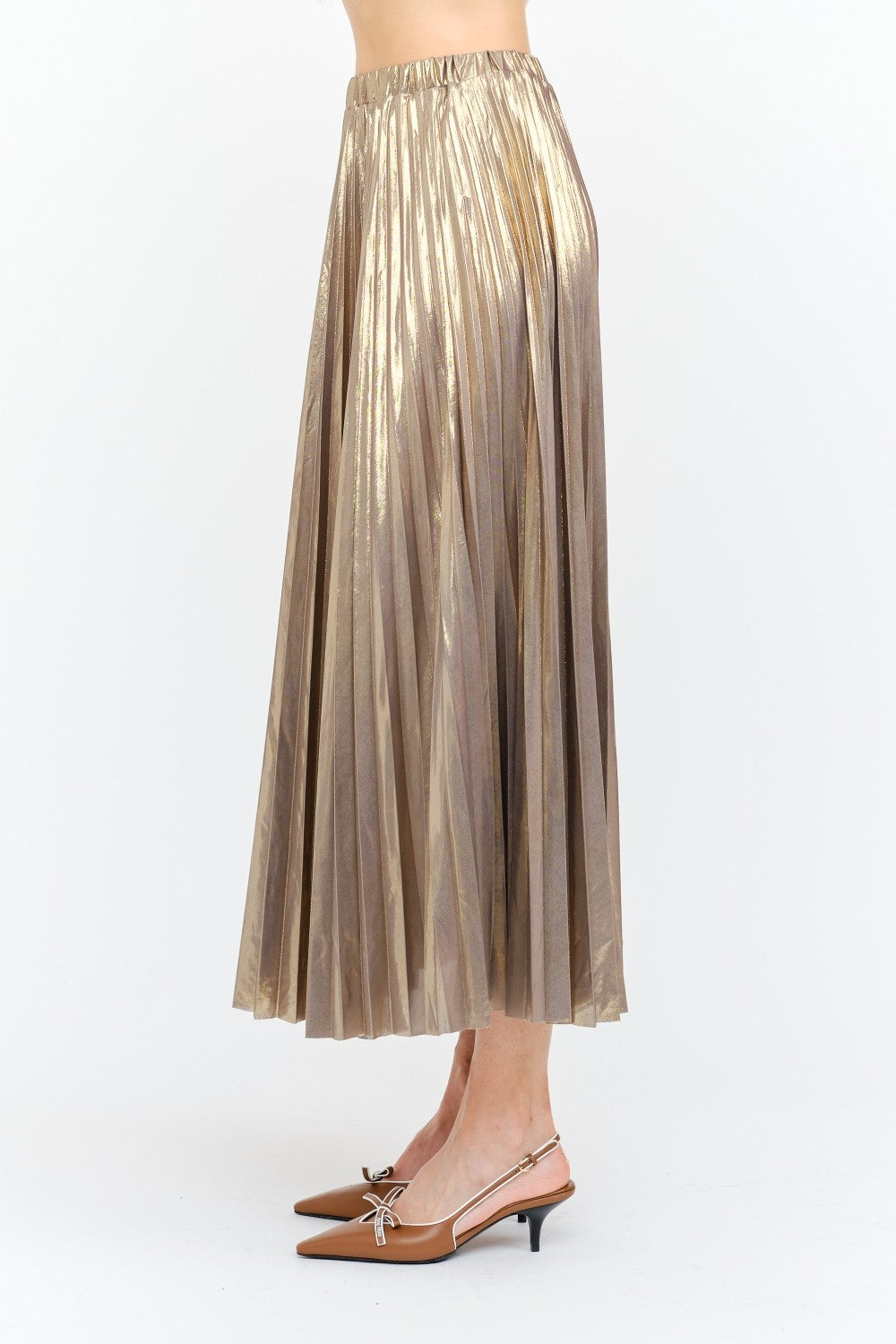 GUNMETAL GOLD METALLIC LAME PLEATED ALESSANDRA MIDI SKIRT