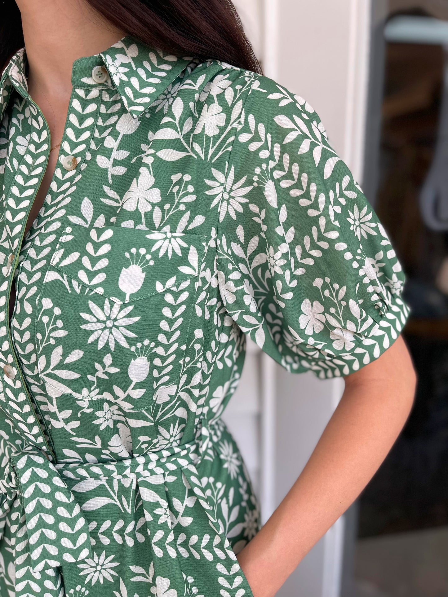 DUSTY GREEN & IVORY PRINTED TIE STRAP SHIRT MIDI DRESS