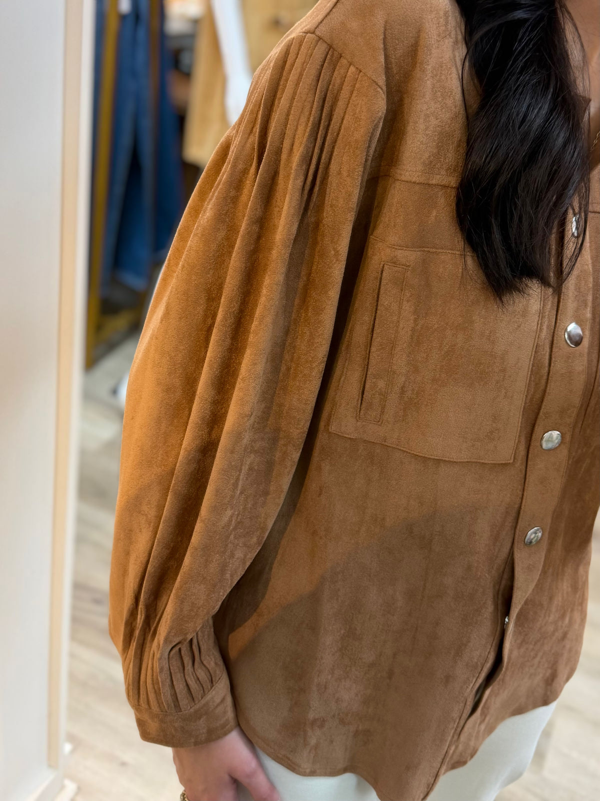 CARAMEL SUEDE LONG SLEEVE BUTTON UP SHIRT JACKET TOP