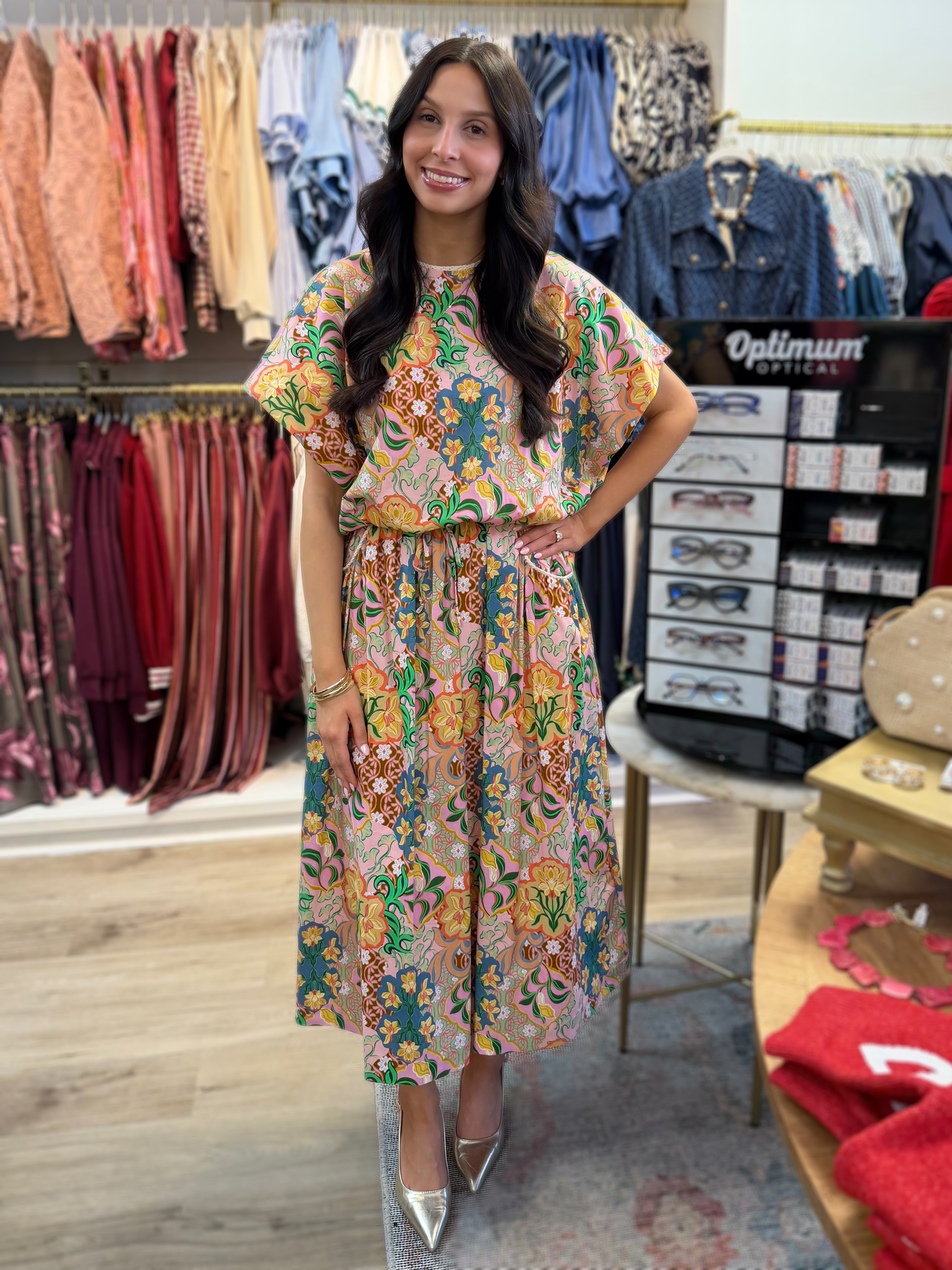 PINK MULTI FLOWER PRINT BUBBLE TOP/MIDI SKIRT SET