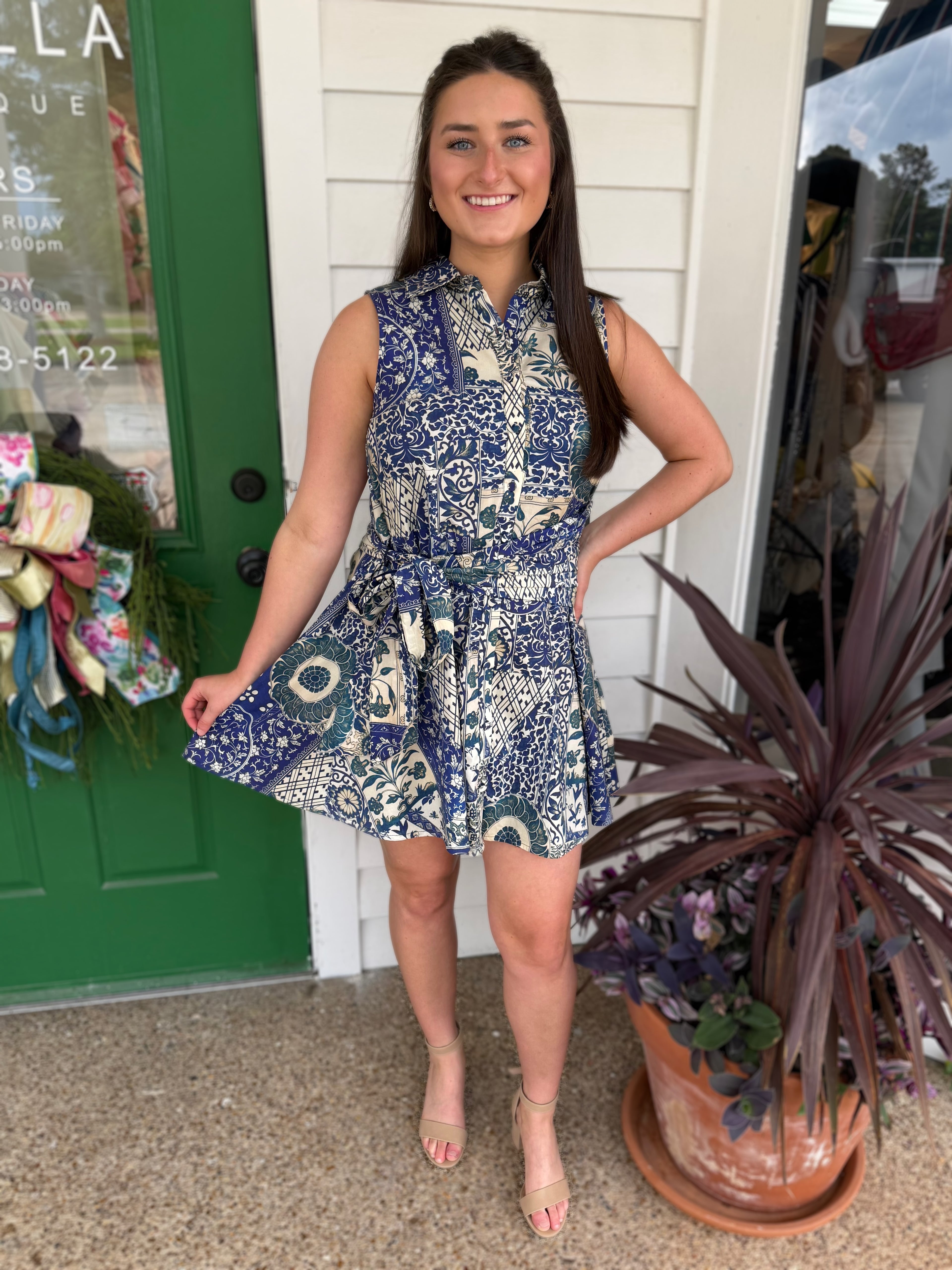 NAVY PATCHWORK PRINT COTTON POPLIN SIDE WAIST TIE SLEEVELESS SHIRT MINI DRESS