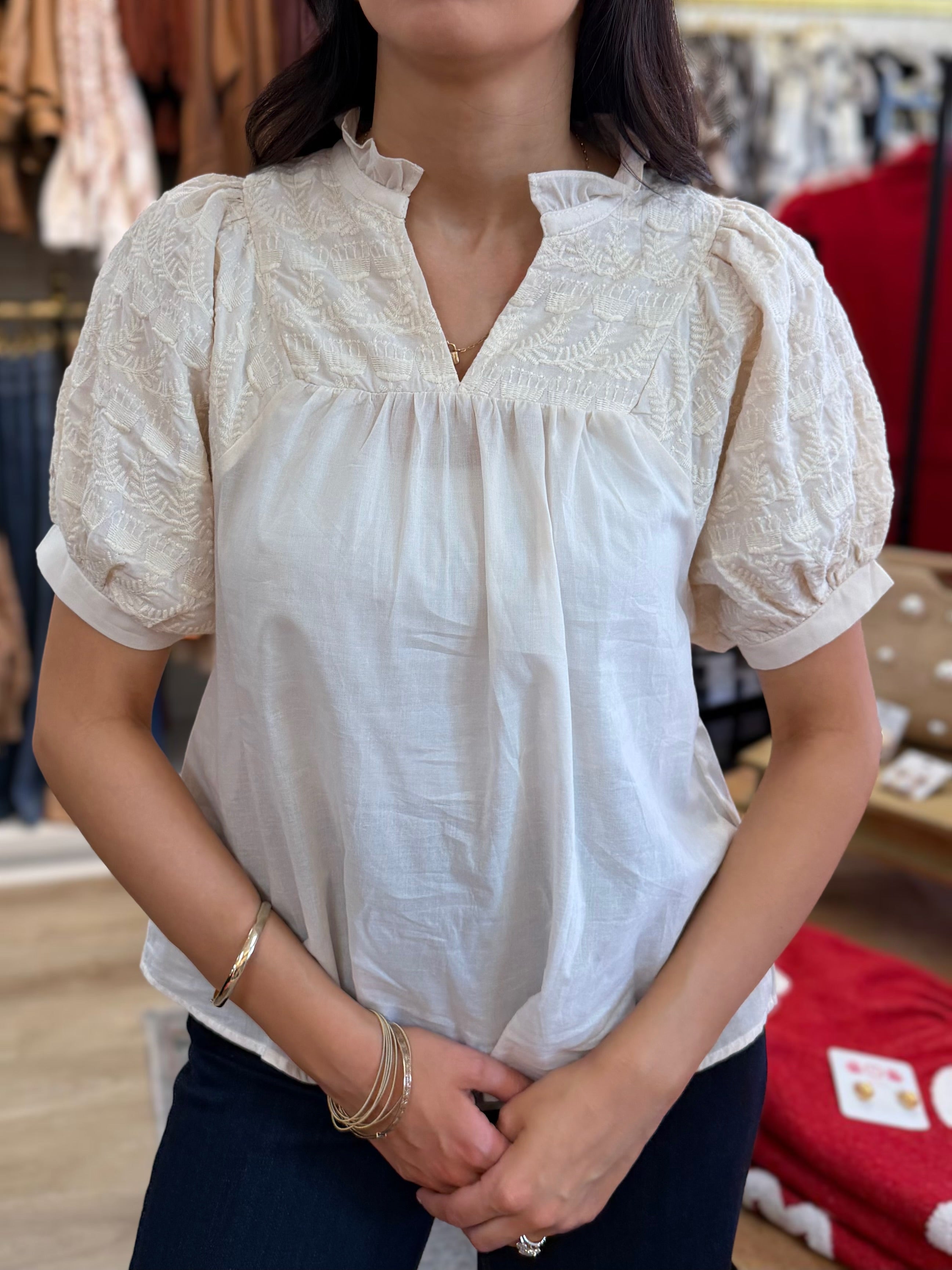 CREAM EMBROIDERY DETAILED VNECK SHORT PUFF SLEEVE TOP