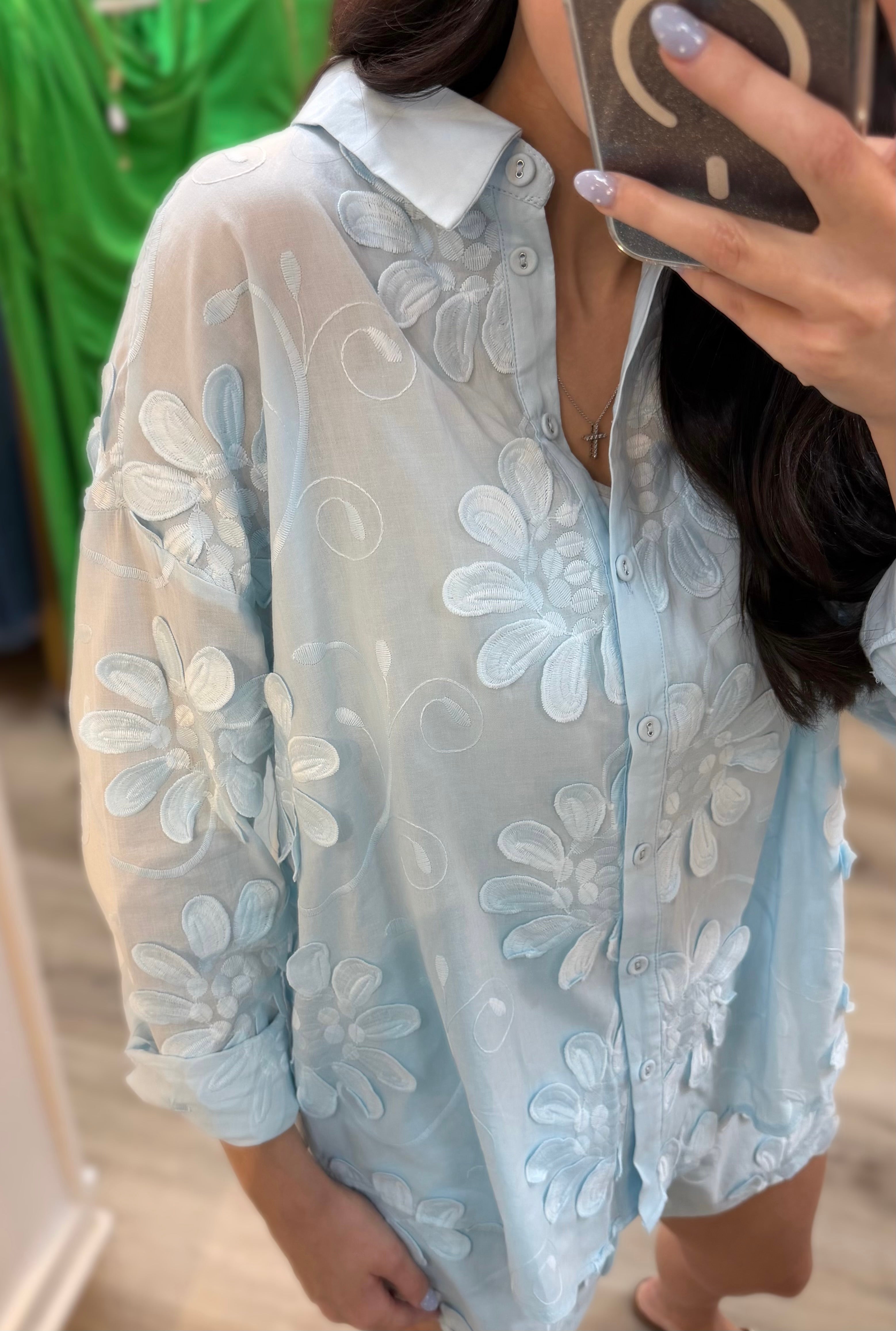 SKY BLUE 3DFLORAL APPLIQUE LONG SLEEVE SHIRT AND SHORT SET