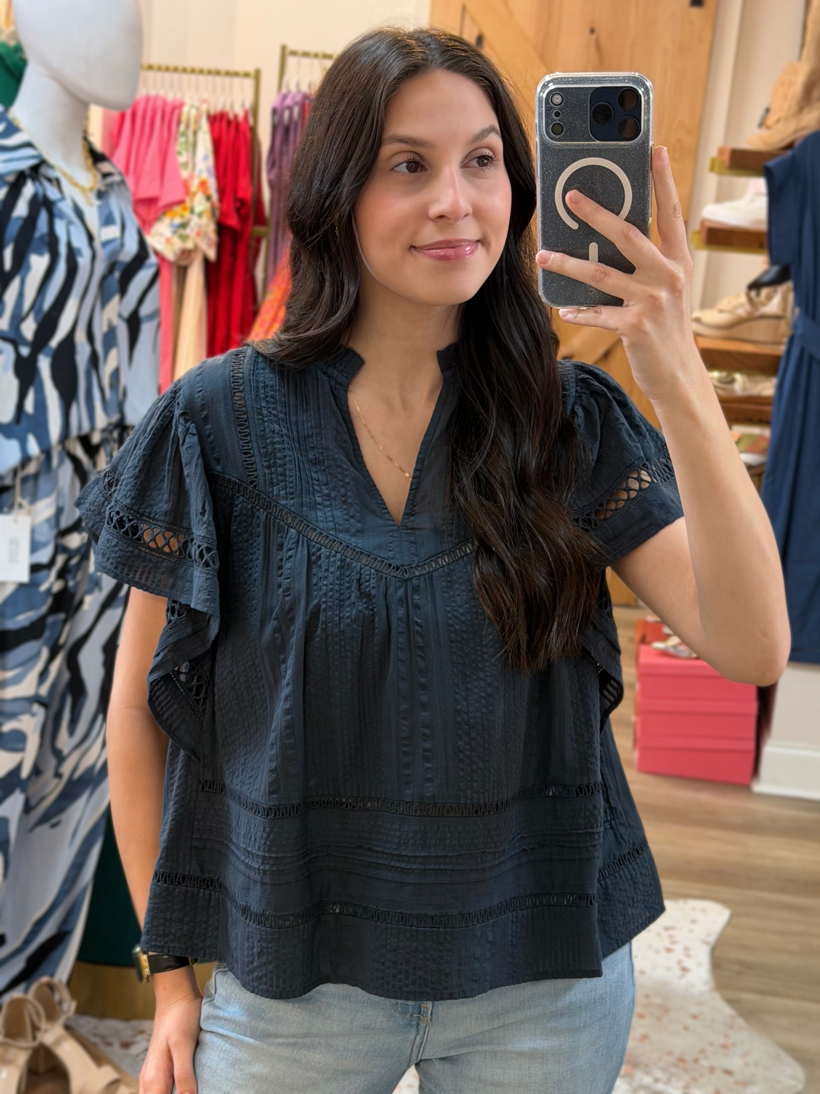 NAVY LACE DETAIL SHORT RUFFLE SLEEVE TOP