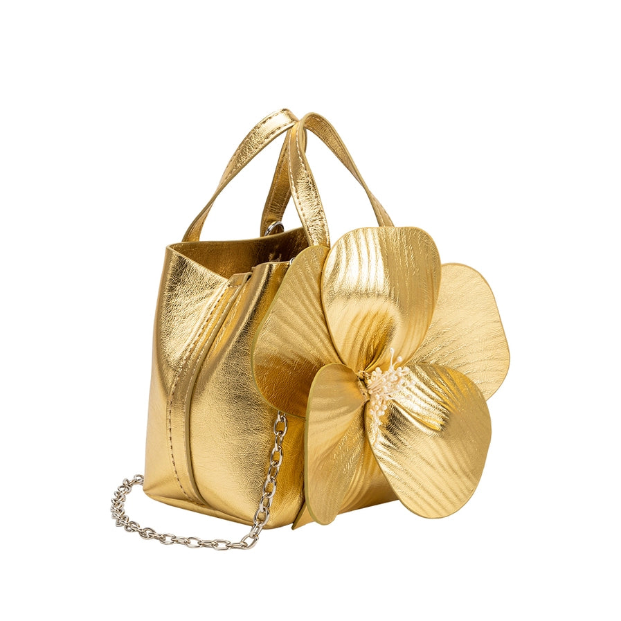 GOLD MONROE FLOWER VEGAN LEATHER TOP HANDLE BAG
