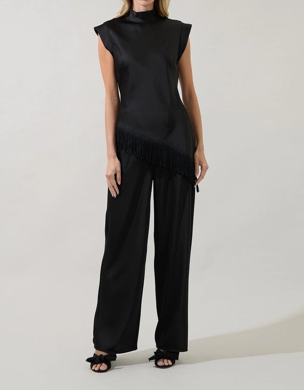 BLACK SATIN ELASTIC WAIST WIDE LEG PANT