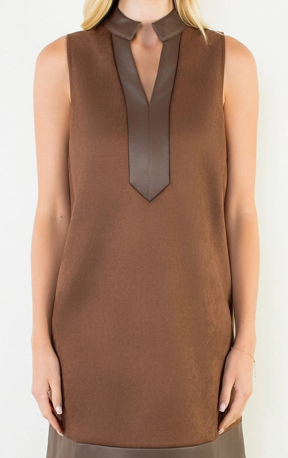 BROWN SUEDE & LEATHER TRIM SLEEVELESS MINI DRESS