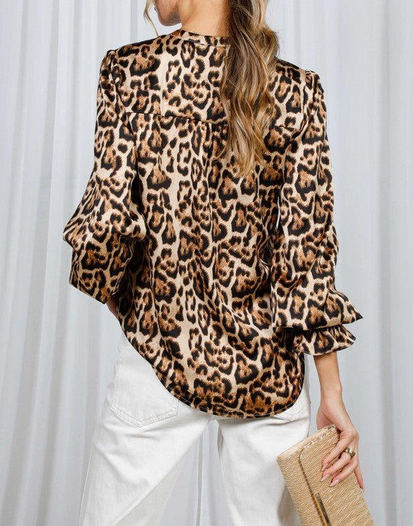 BROWN LEOPARD PRINT LONG BALLOON SLEEVE TOP
