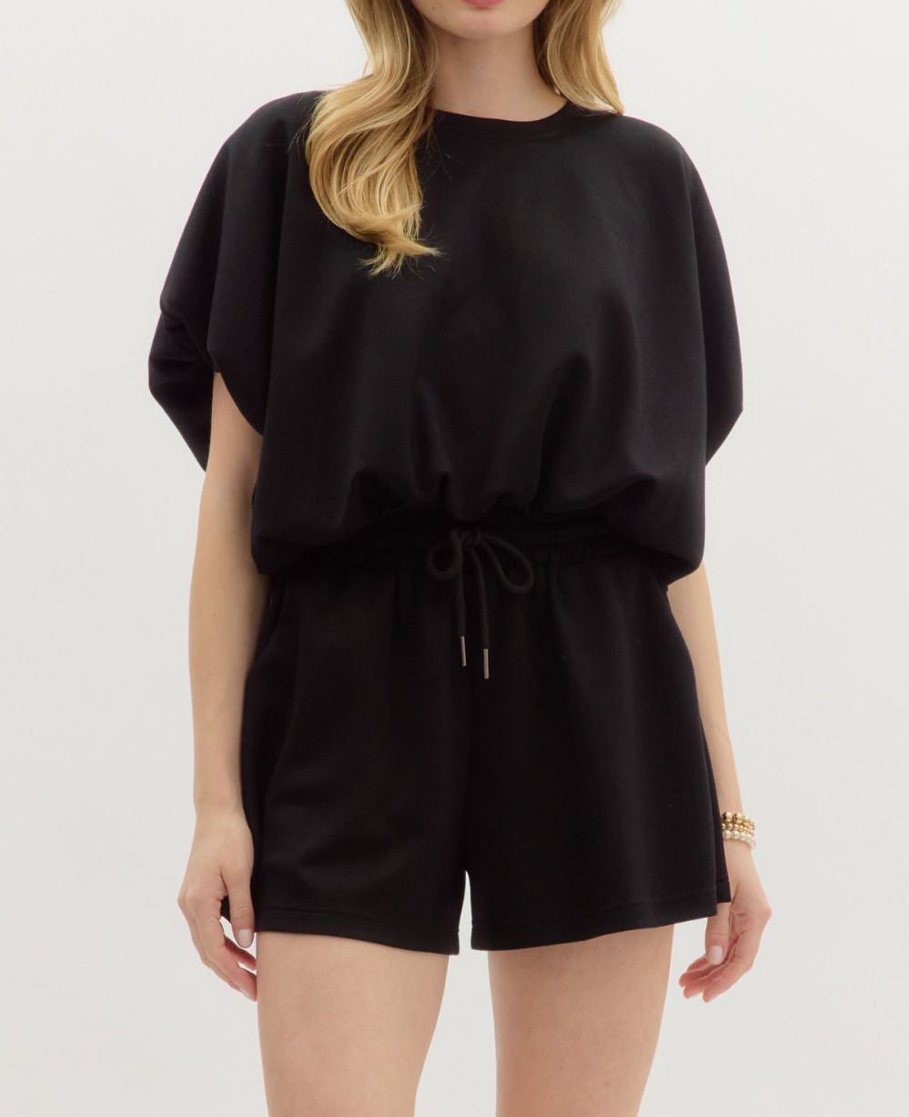 BLACK BUBBLE HEM PULLOVER SHORT SET