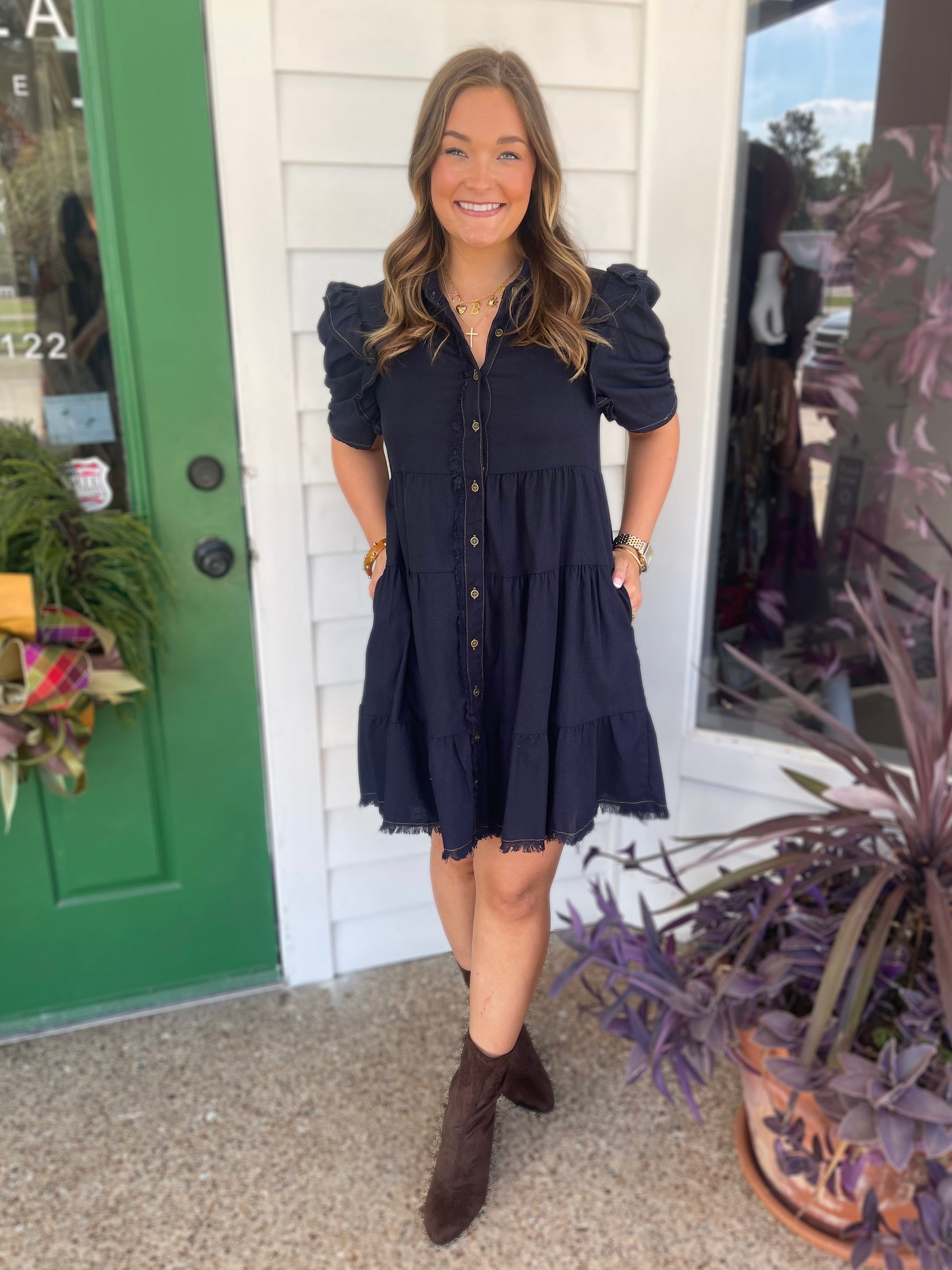 DARK NAVY LINEN BUTTON UP TIERED FRAYED HEM MINI DRESS