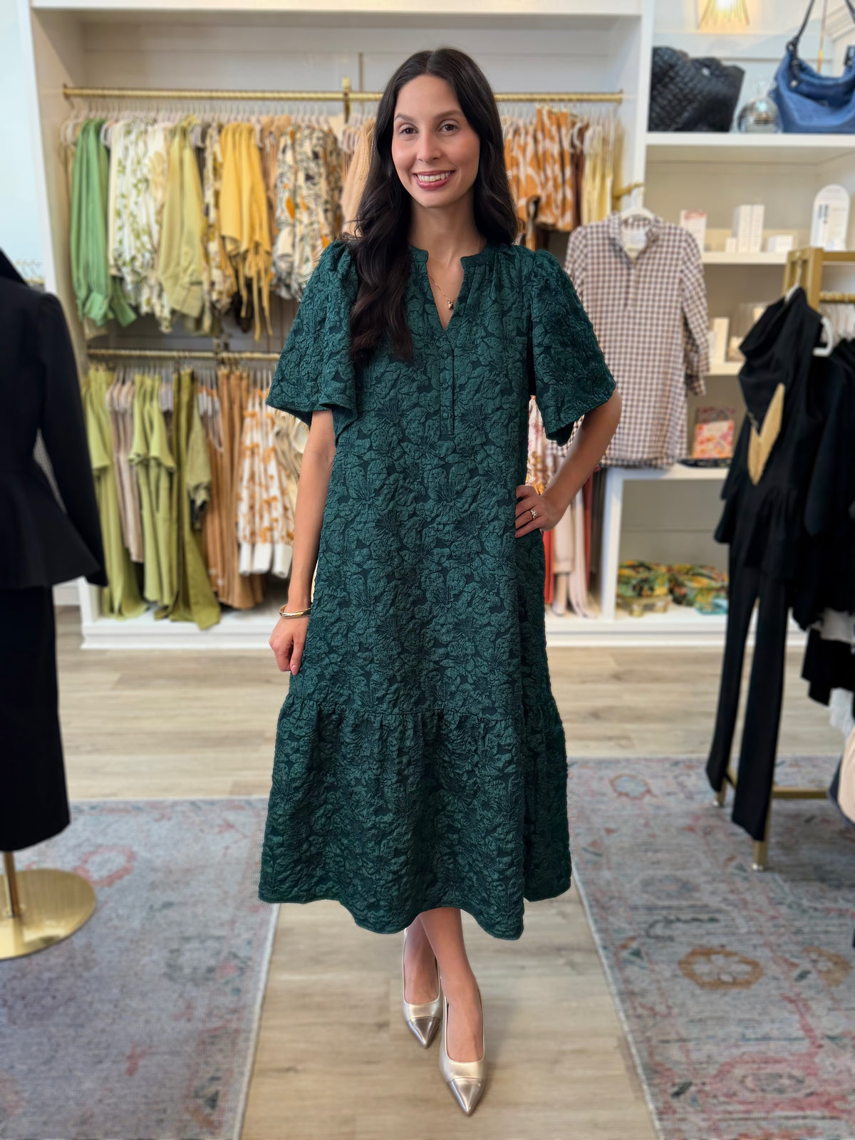 EMERALD JACQUARD FLORAL PRINT SHORT SLEEVE MIDI DRESS