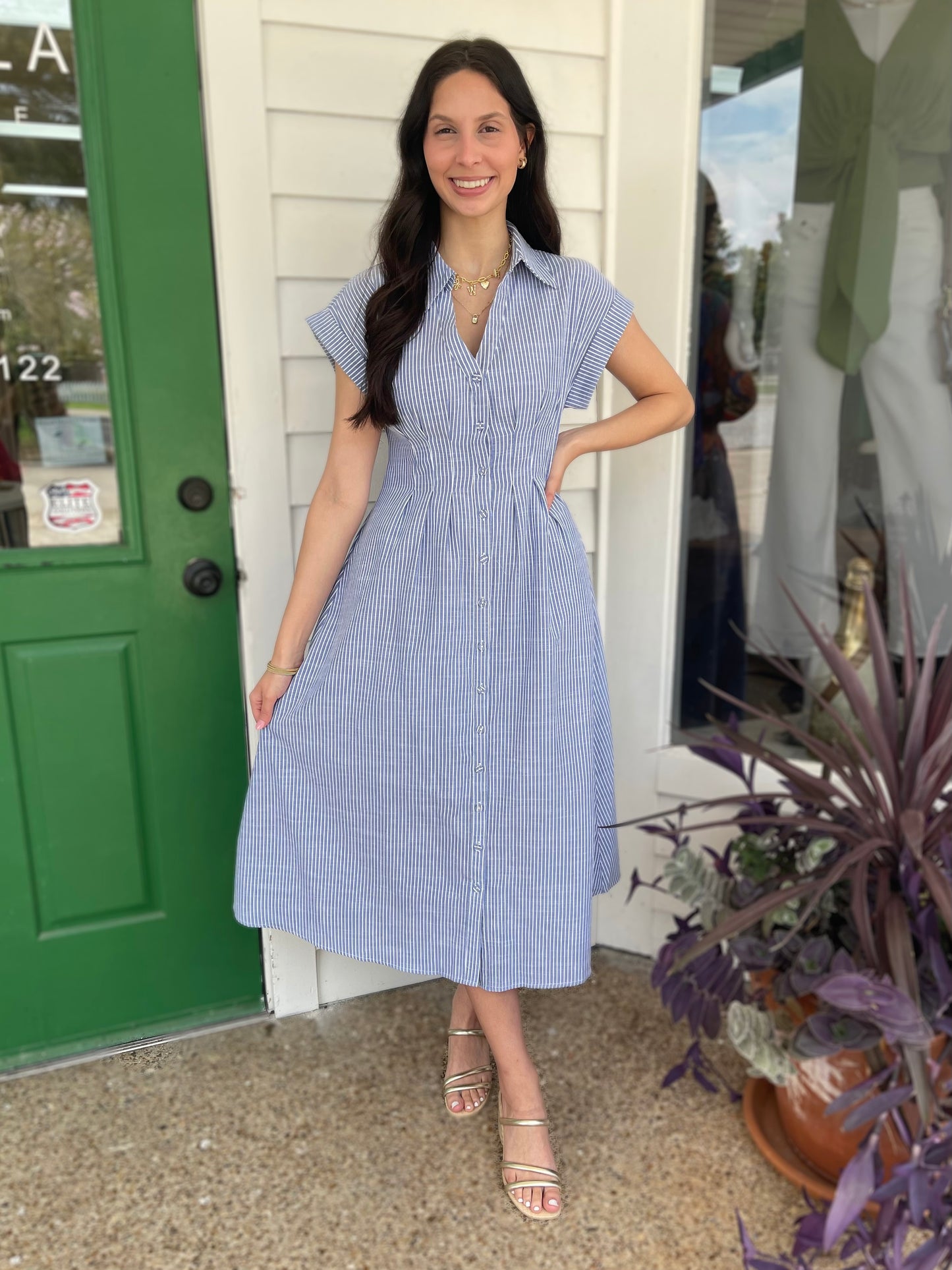BLUE STRIPE BUTTON UP FRONT PLEATED SHIRT MIDI DRESS