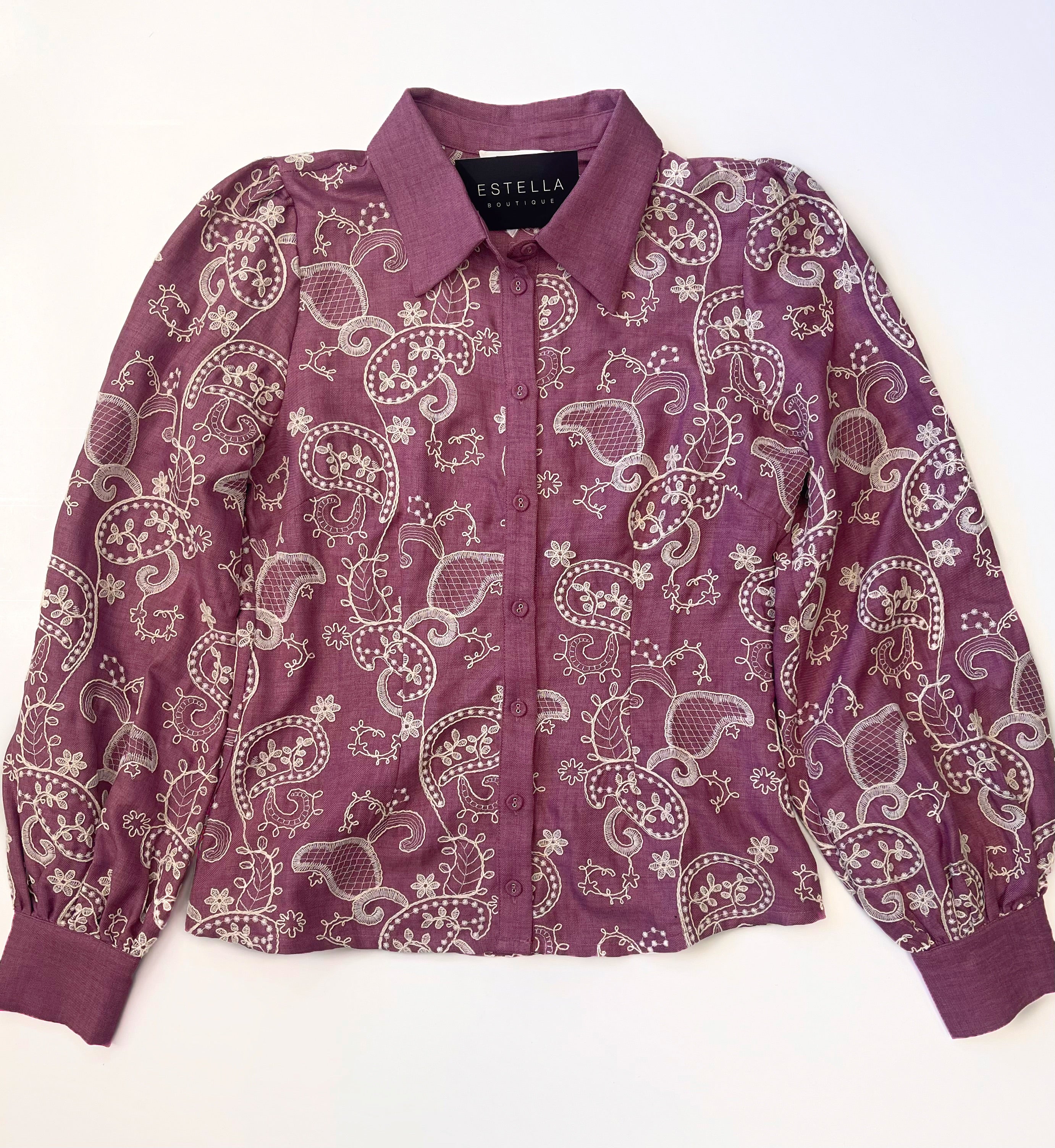 MAUVE/CREAM EMBROIDERED COLLARED BUTTON UP LONG SLEEVE TOP