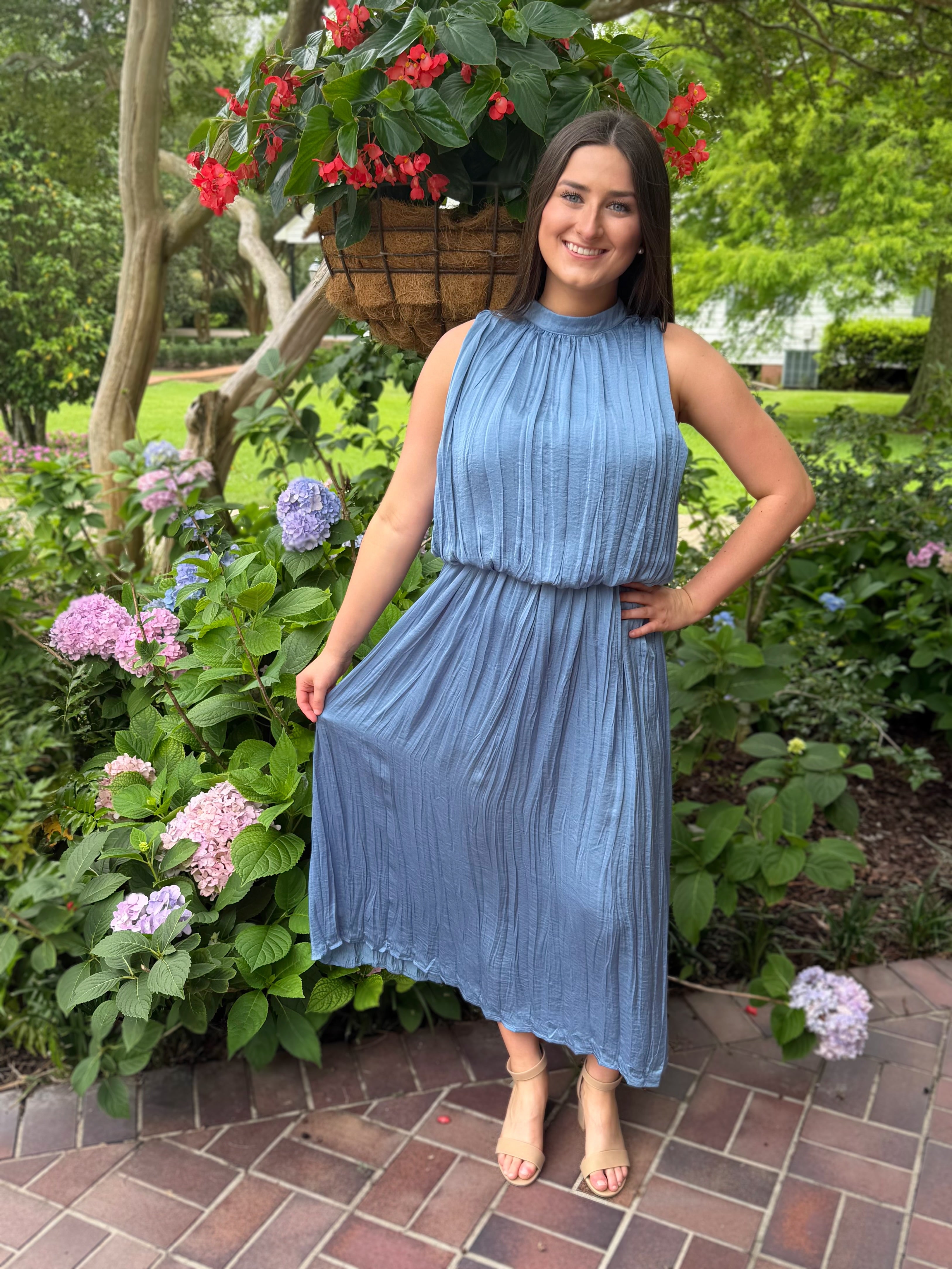 SLATE PLEATED SLEEVELESS SOFT MIDI DRESS