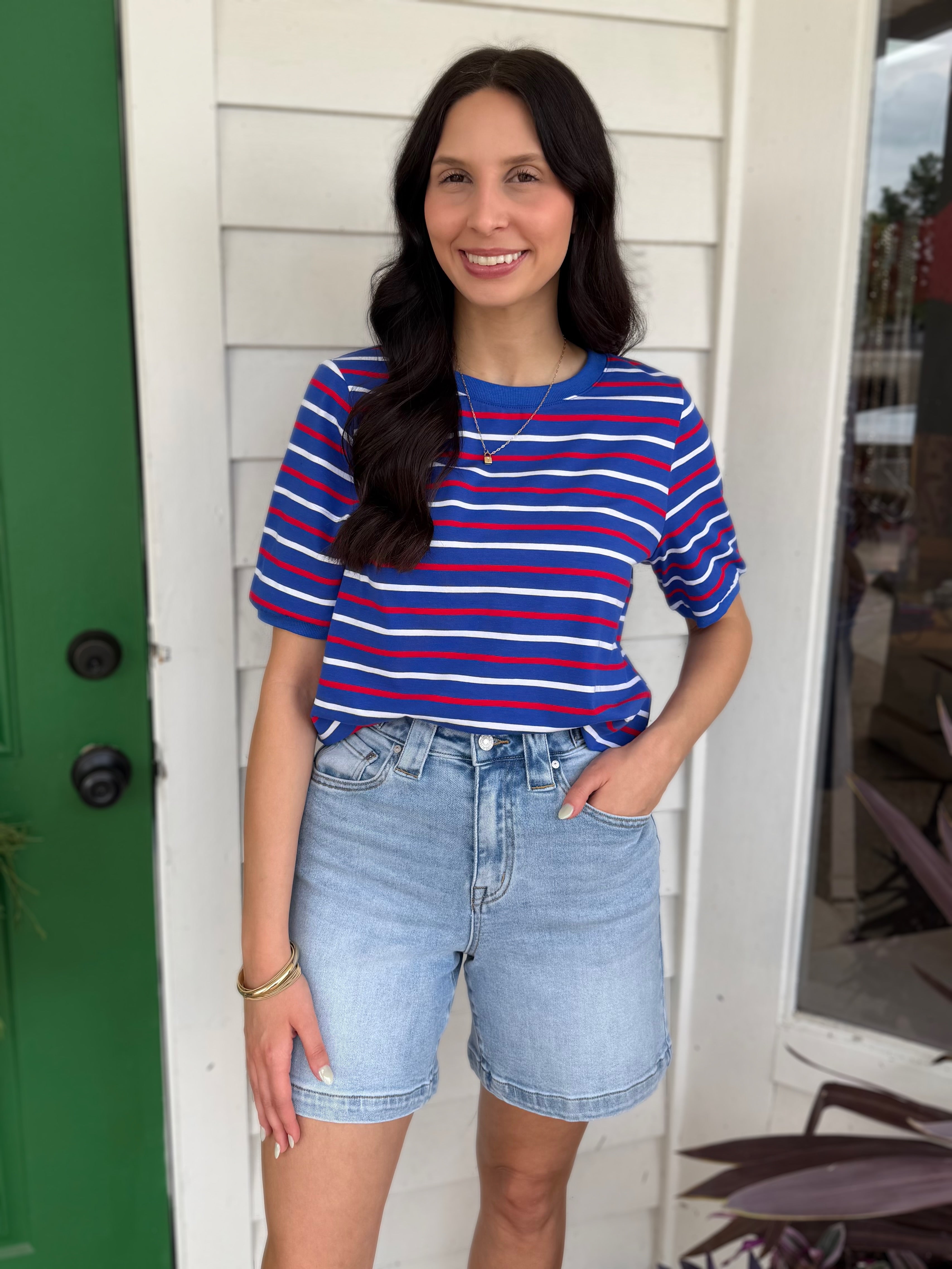 ROYAL BLUE/WHITE/RED STRIPED COTTON SHORT SLEEVE TOP