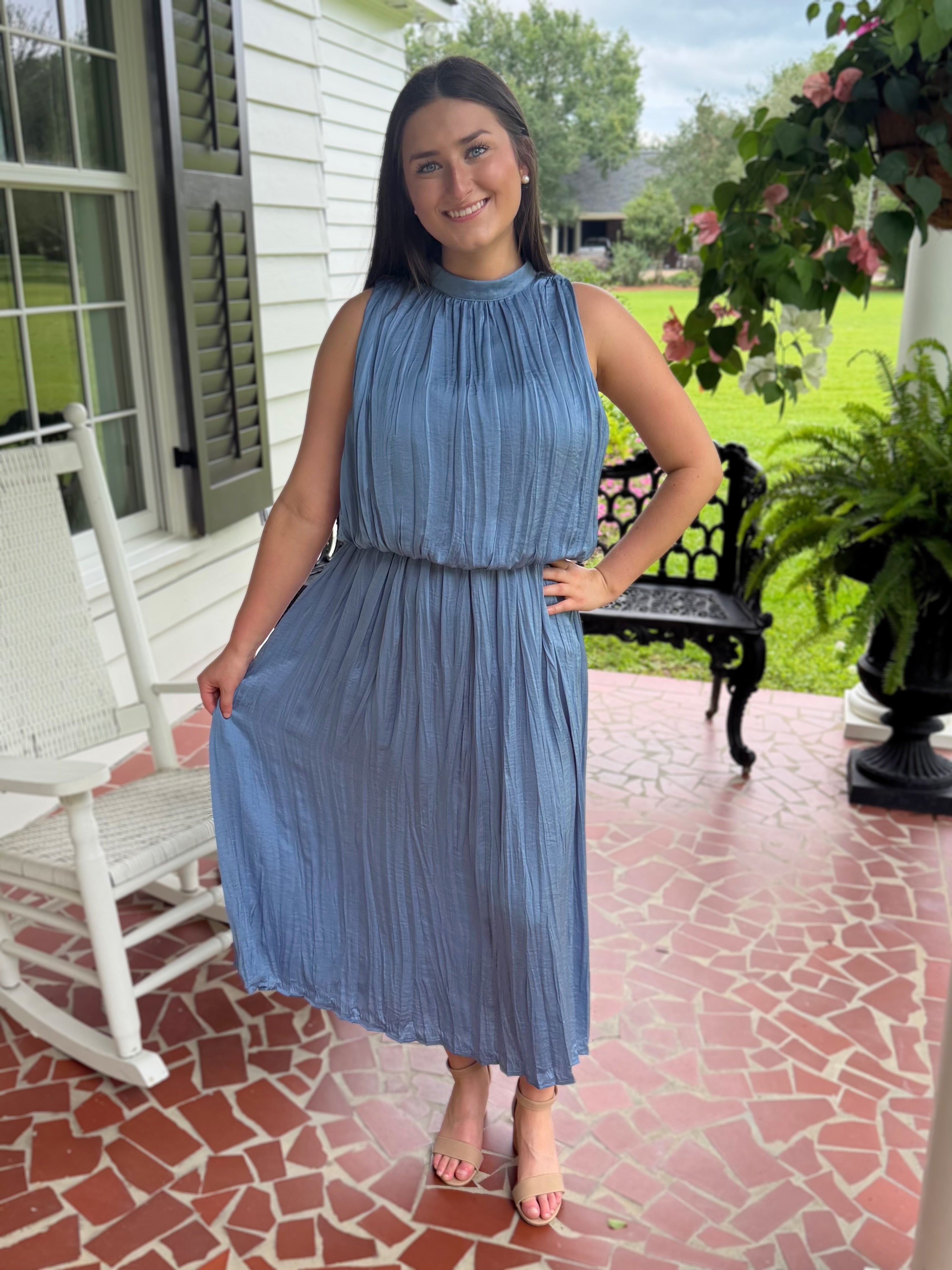 SLATE PLEATED SLEEVELESS SOFT MIDI DRESS