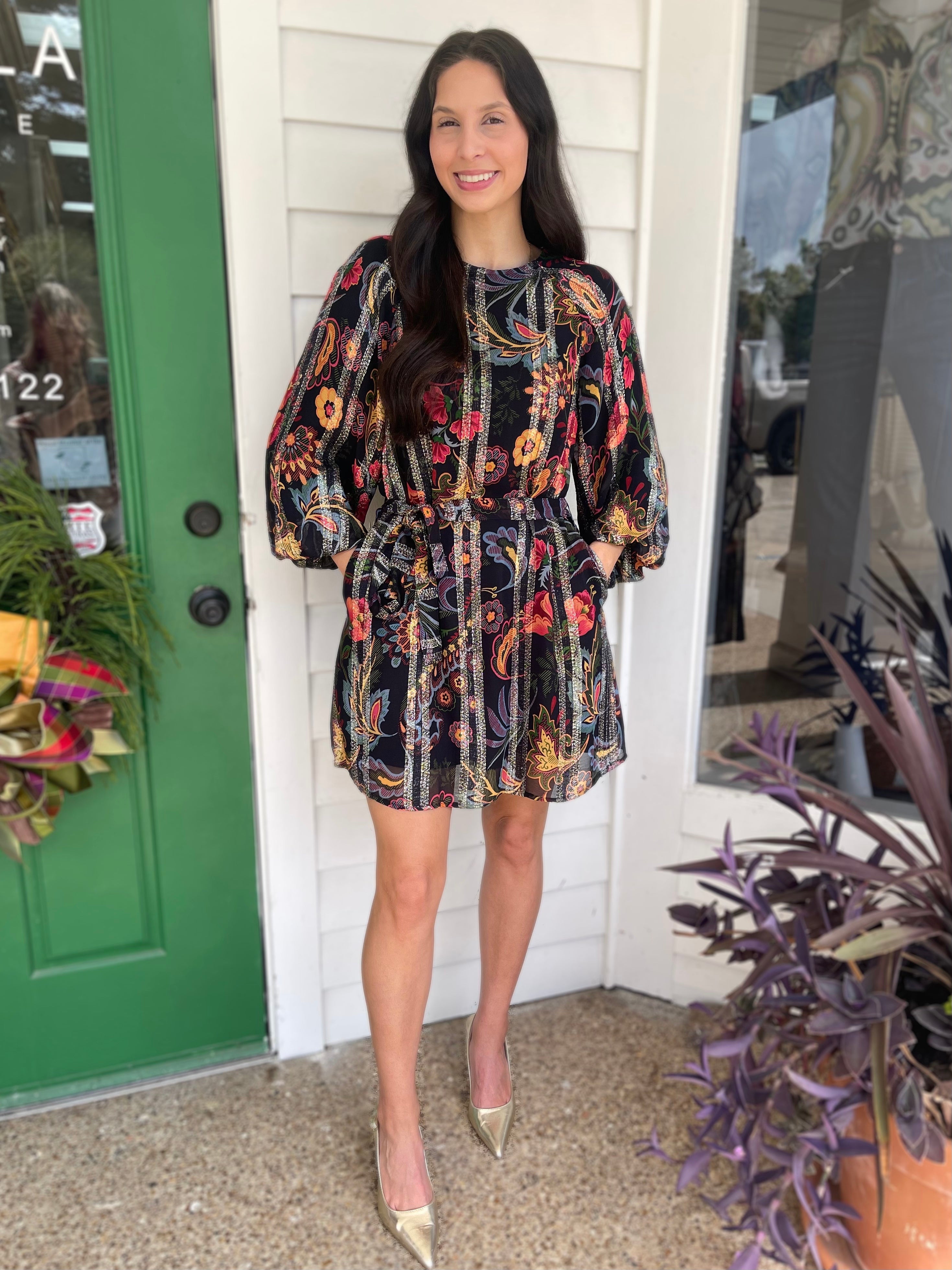 BLACK MULTI FLORAL PRINT METALLIC STRIPE LONG BUBBLE SLEEVE ODETTE MINI DRESS