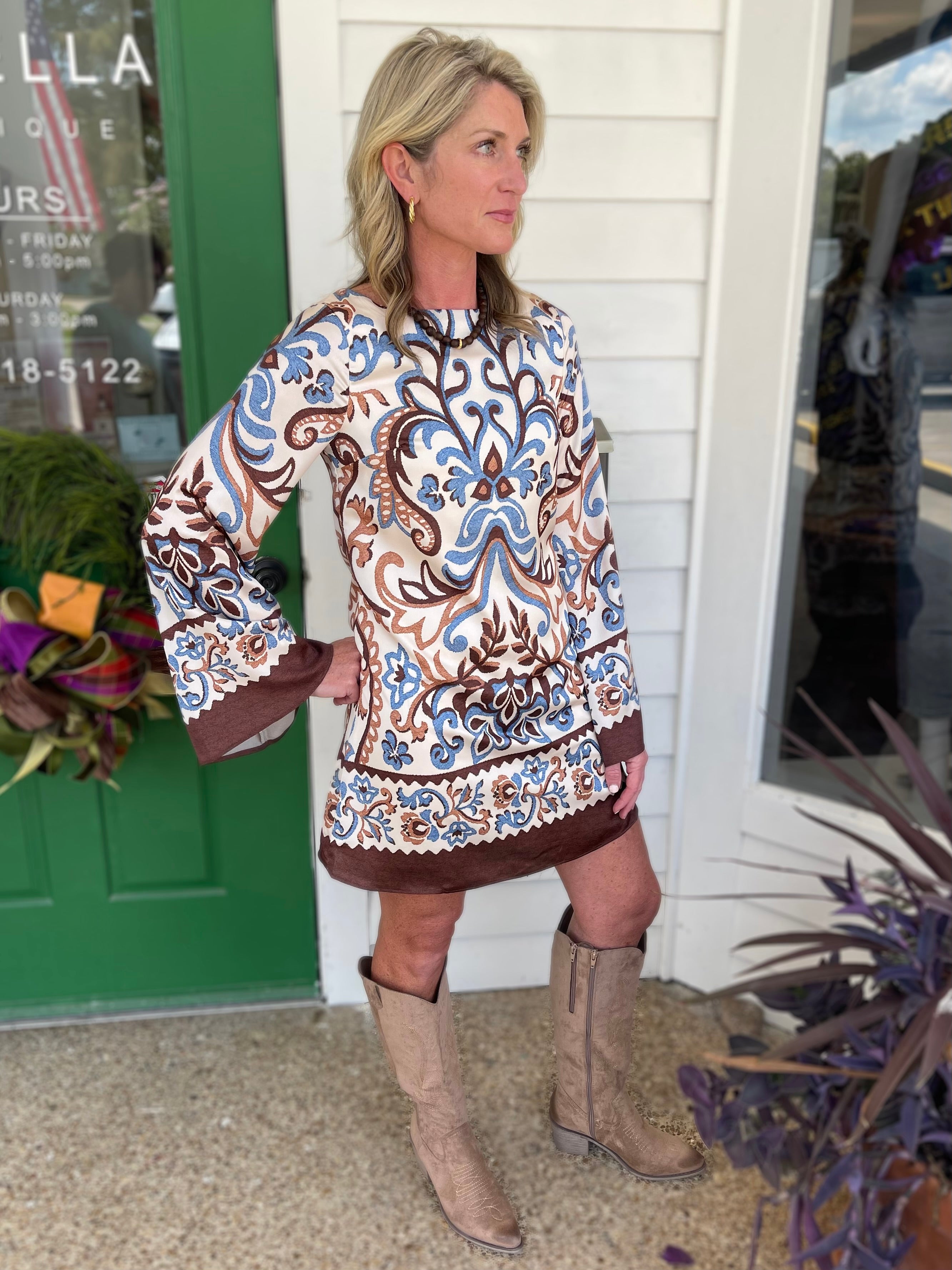 IVORY, BROWN & BLUE BORDER PRINT BELL SLEEVE MINI DRESS