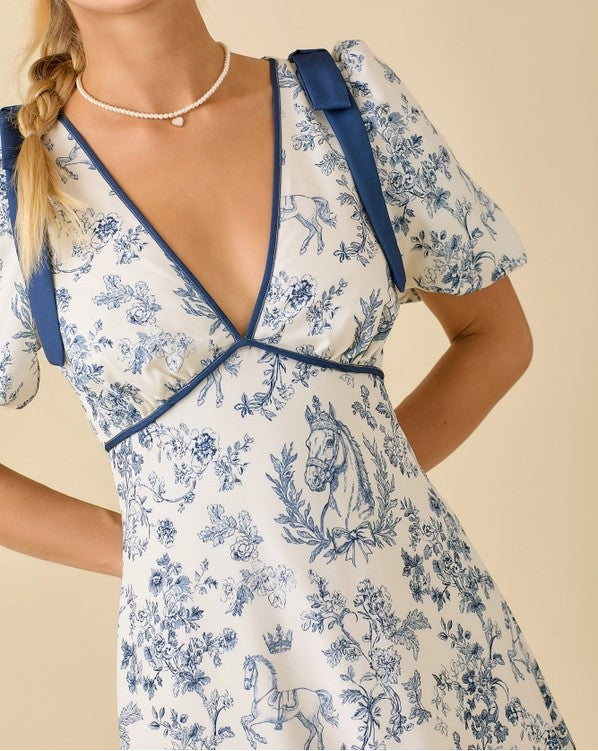 DARK NAVY FLORAL PRINT DEEP VNECK BUBBLE SLEEVE MAXI DRESS