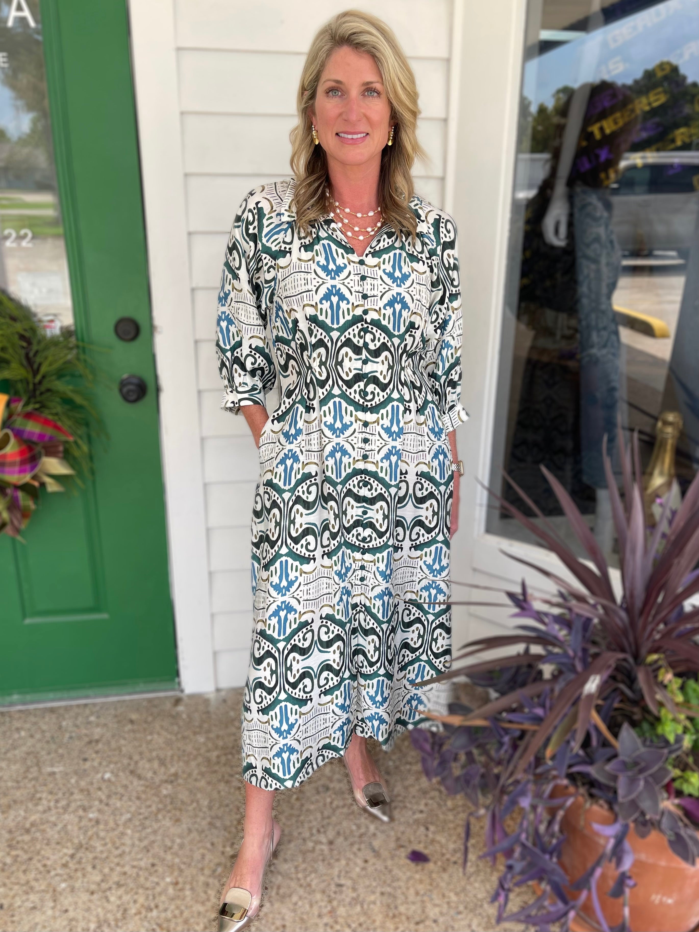 TEAL MIX PRINTED PLEATED WAIST WITH LONG BALLOON SLEEVE SHIRT DRESS