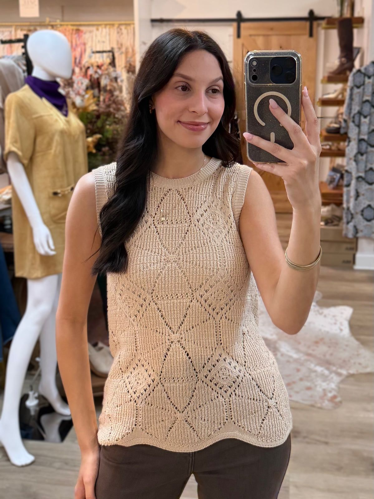 NATURAL CROCHET KNIT WAVE HEM SLEEVELESS SWEATER TANK TOP