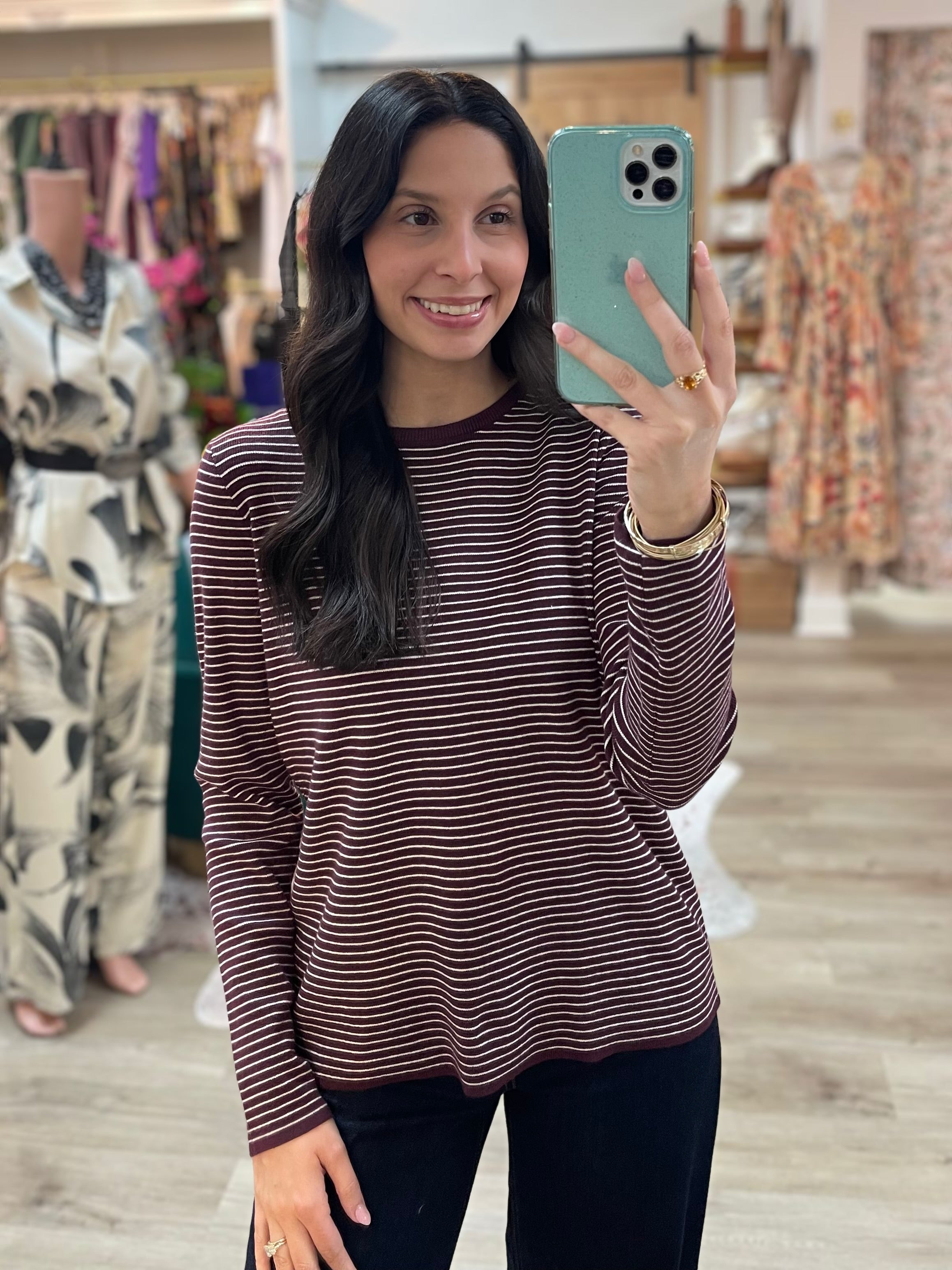 DARK PLUM PINSTRIPE LONG SLEEVE PULLOVER SWEATER
