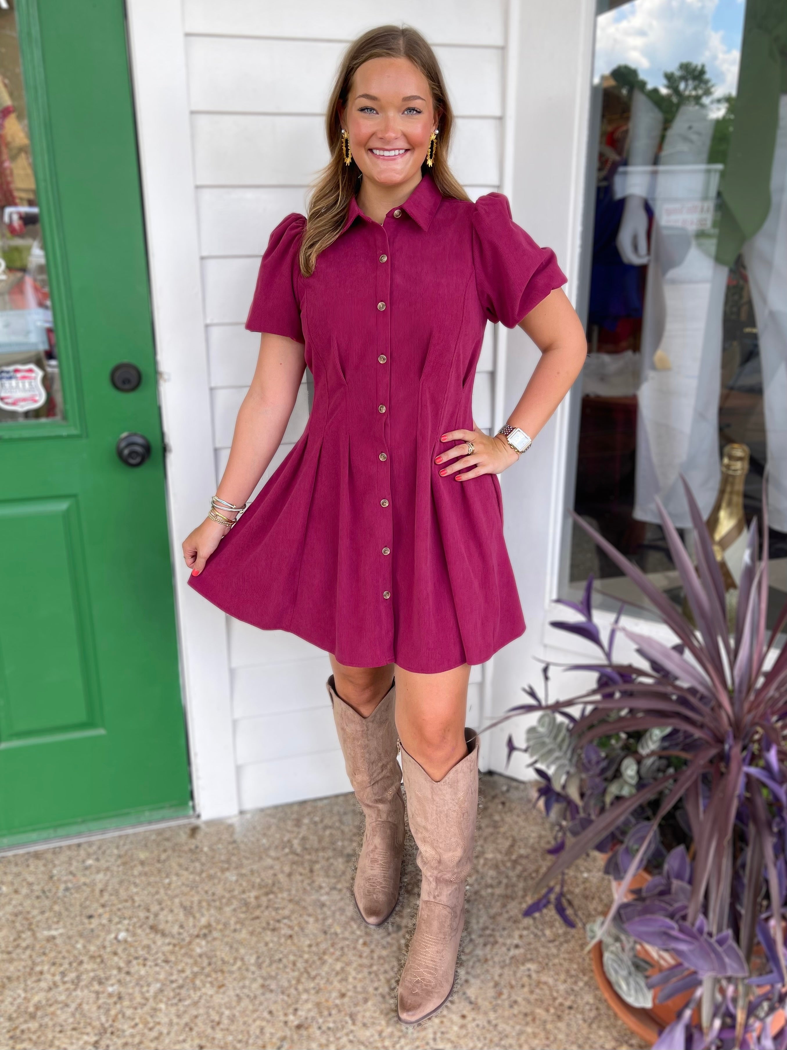 RED PLUM CORDUROY BUTTON UP PLEATED WAIST RORY MINI DRESS