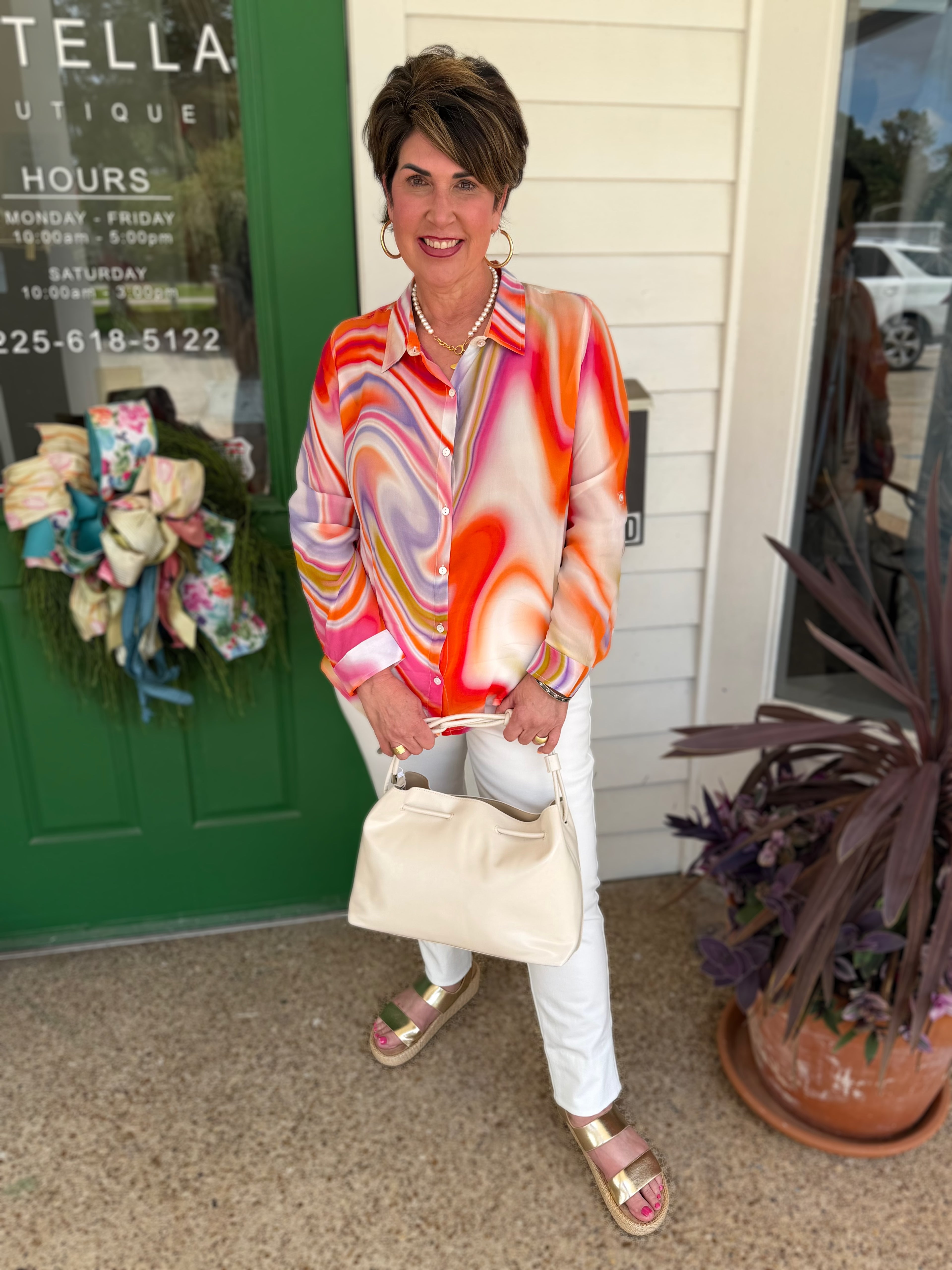 ORANGE MULTI HEATWAVE SWIRL PRINT ROLL UP SLEEVE BUTTON UP TOP