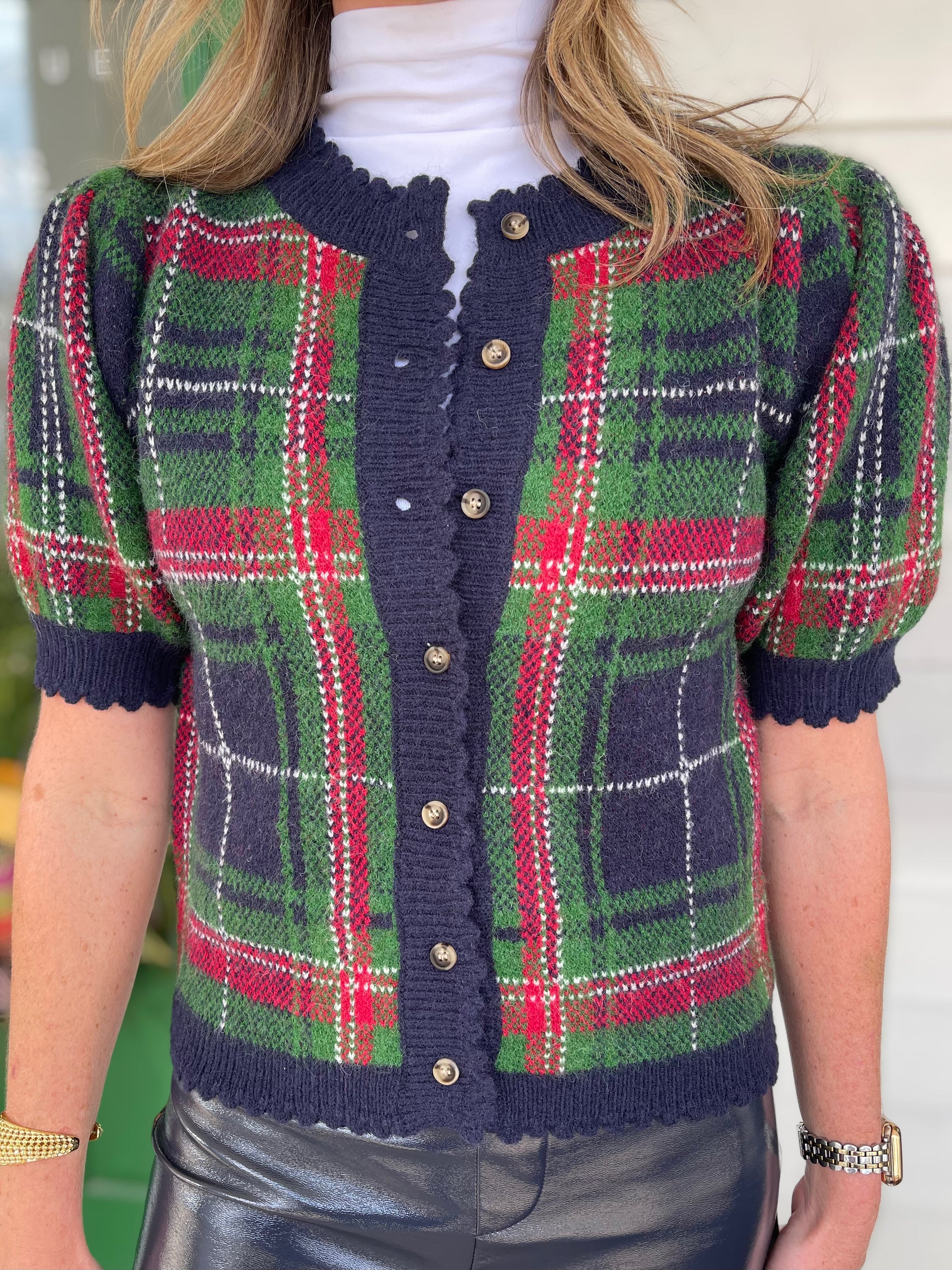 NAVY PLAID SHORT PUFF SLEEVE BUTTON UP SWEATER