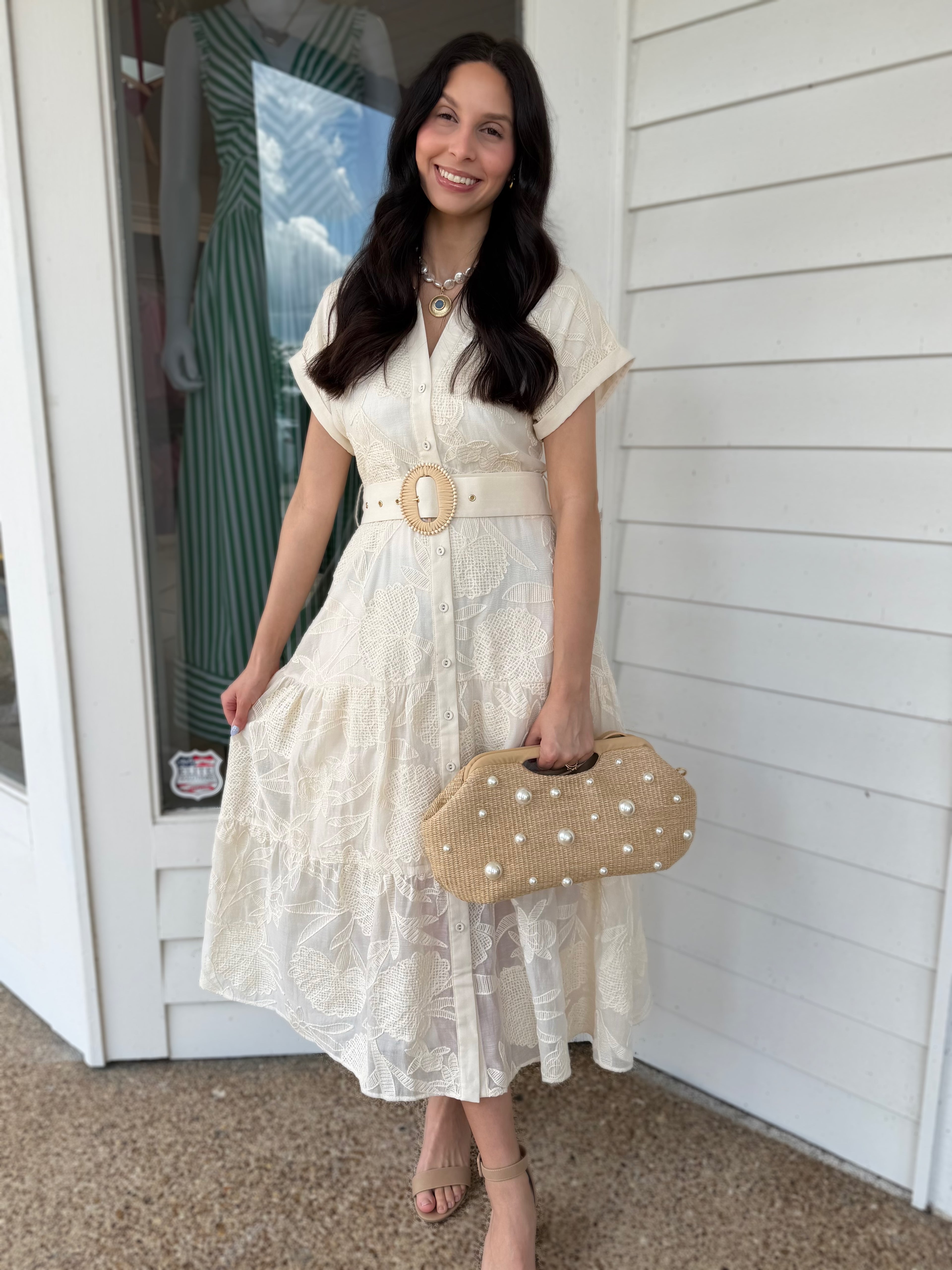CREAM EMBROIDERED BELTED BUTTON UP SHORT SLEEVE DRESS