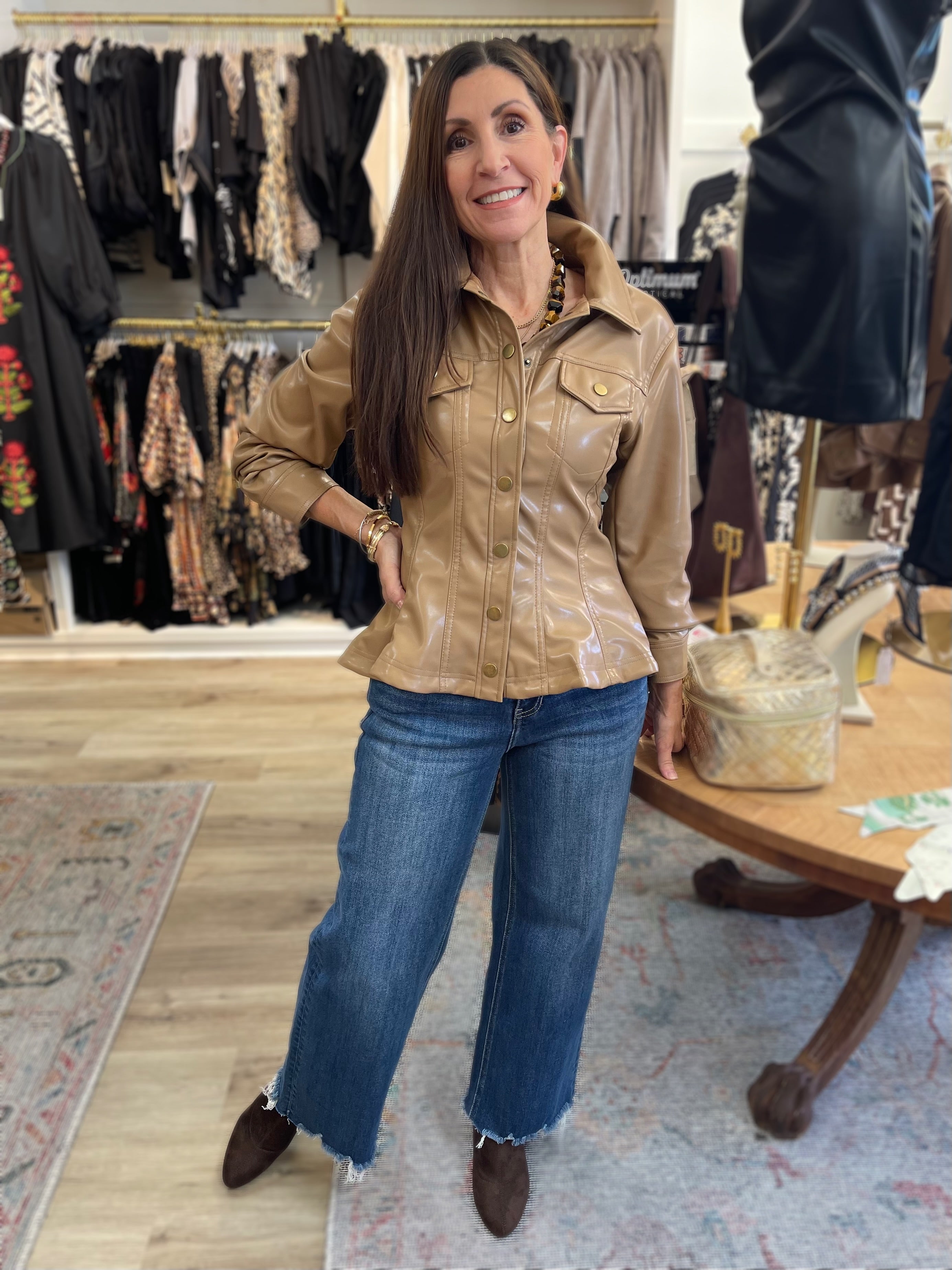 CAMEL CINCHED 3/4 SLEEVE PEPLUM FAUX LEATHER JACKET