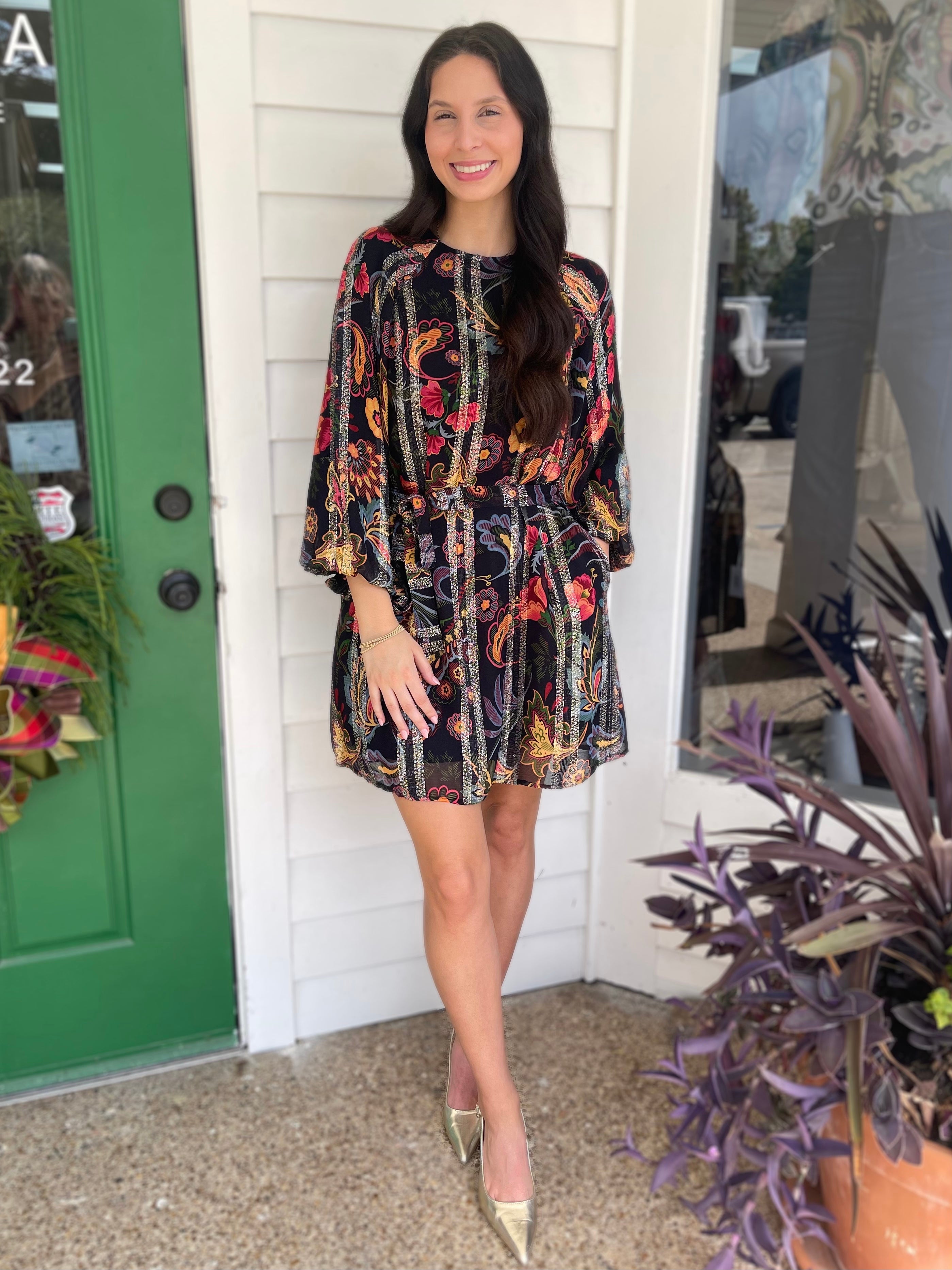 BLACK MULTI FLORAL PRINT METALLIC STRIPE LONG BUBBLE SLEEVE ODETTE MINI DRESS