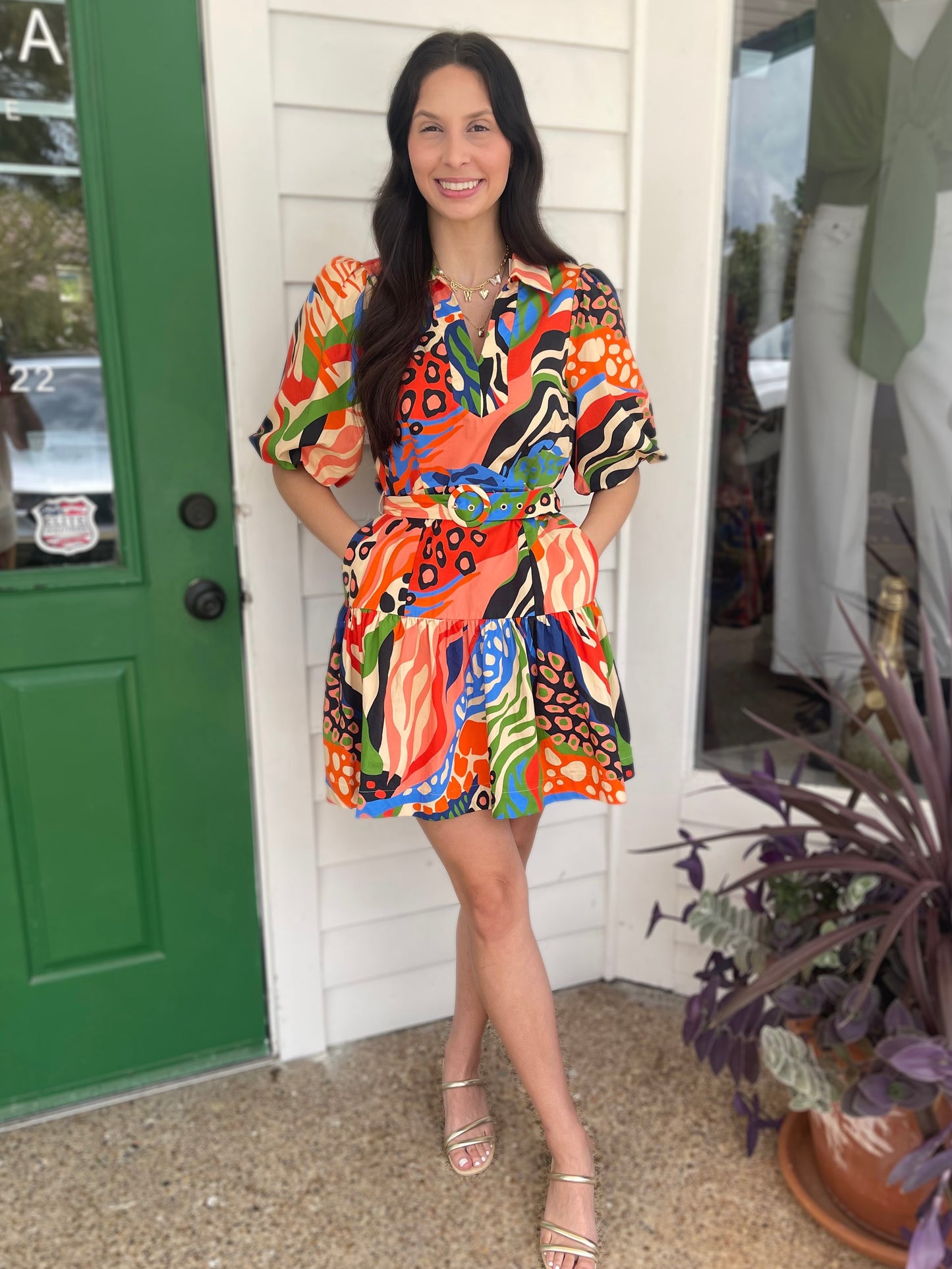 RED MULTI PRINTED BUBBLE SLEEVE AZULA MINI DRESS