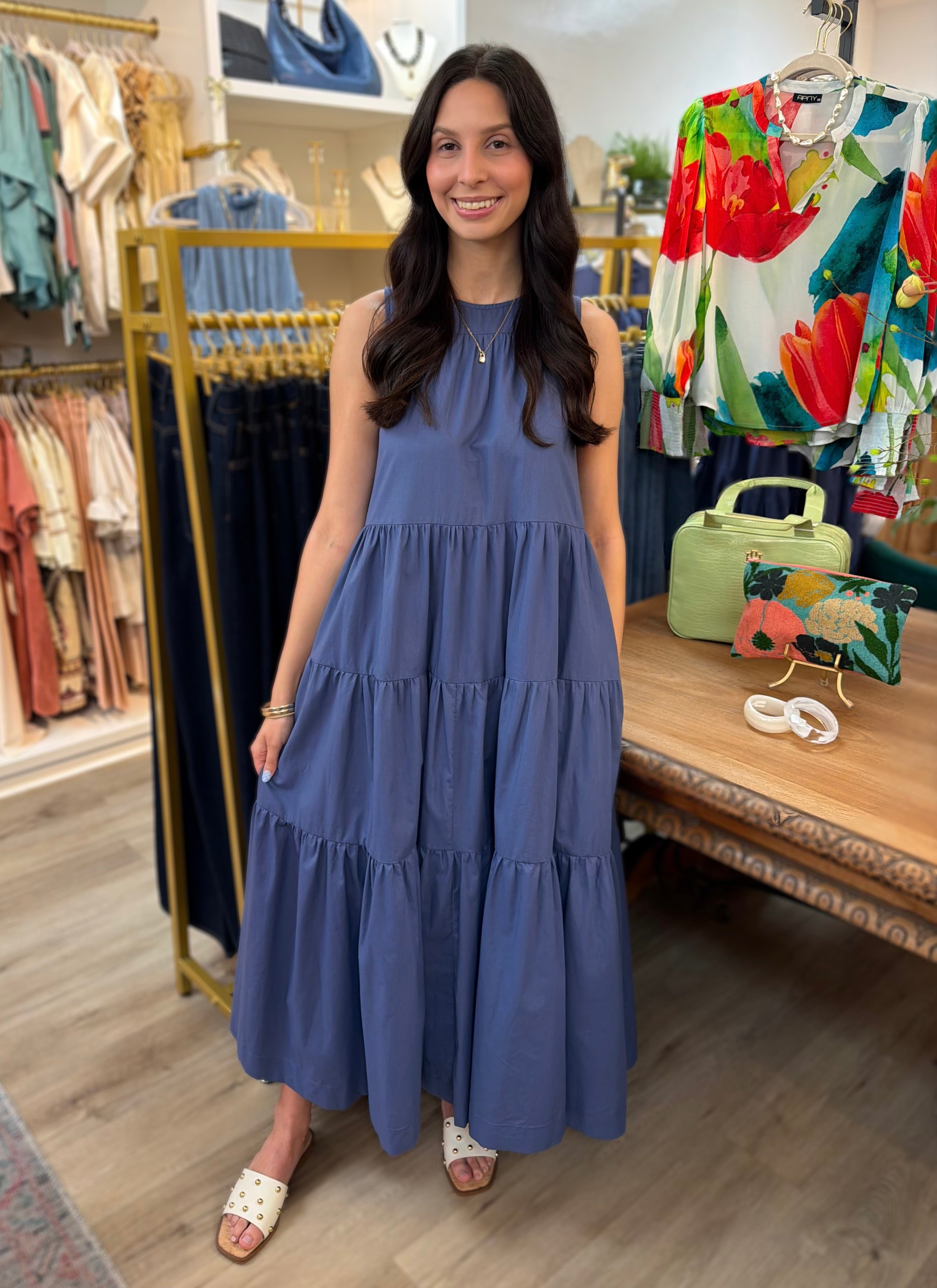 NAVY POPLIN TIERED A-LINE SLEEVELESS MAXI DRESS