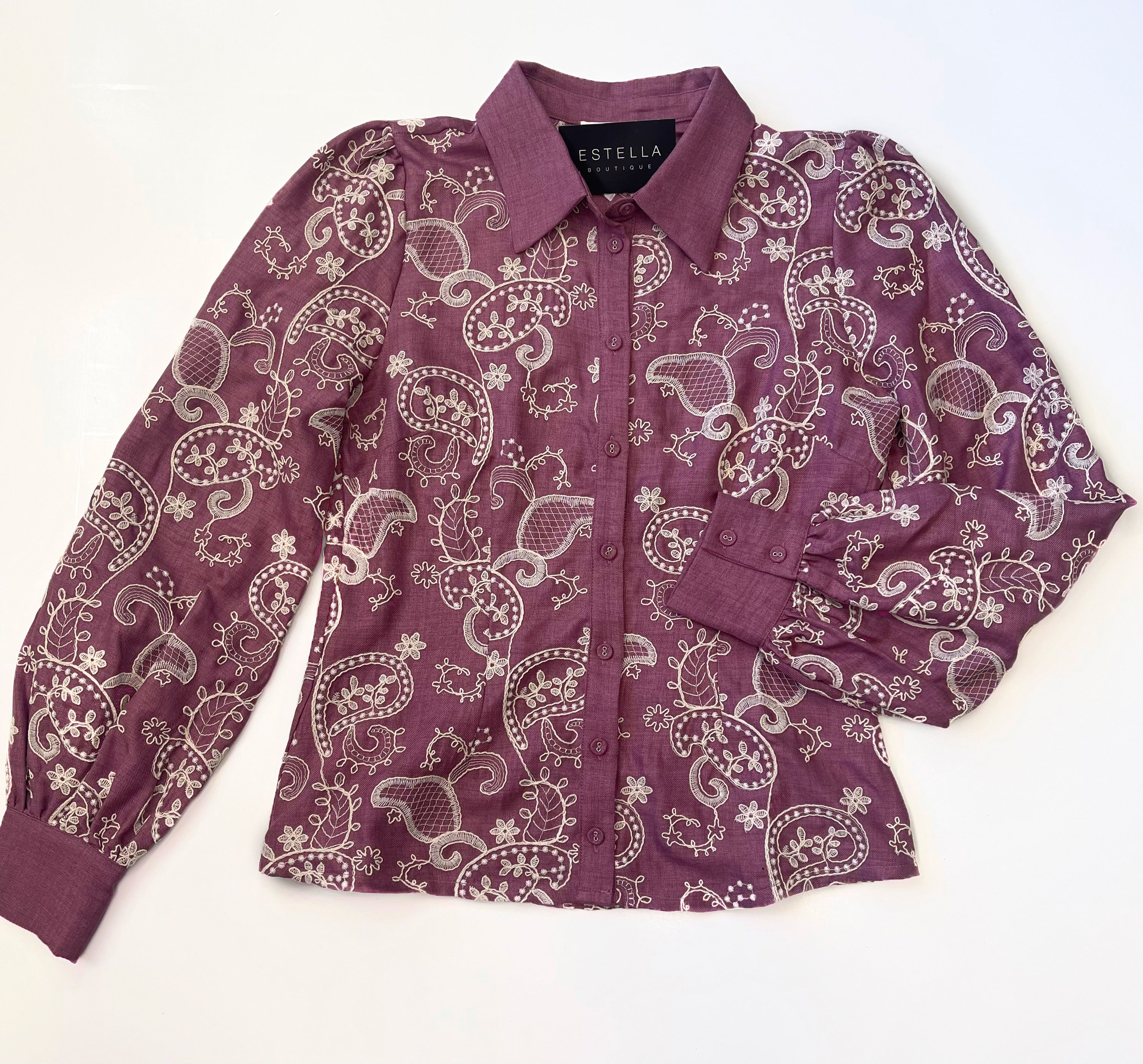 MAUVE/CREAM EMBROIDERED COLLARED BUTTON UP LONG SLEEVE TOP