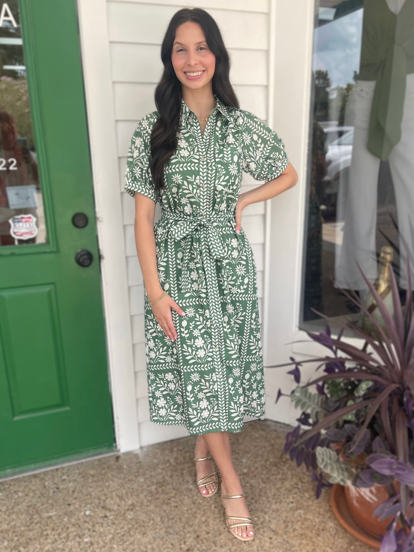 DUSTY GREEN & IVORY PRINTED TIE STRAP SHIRT MIDI DRESS