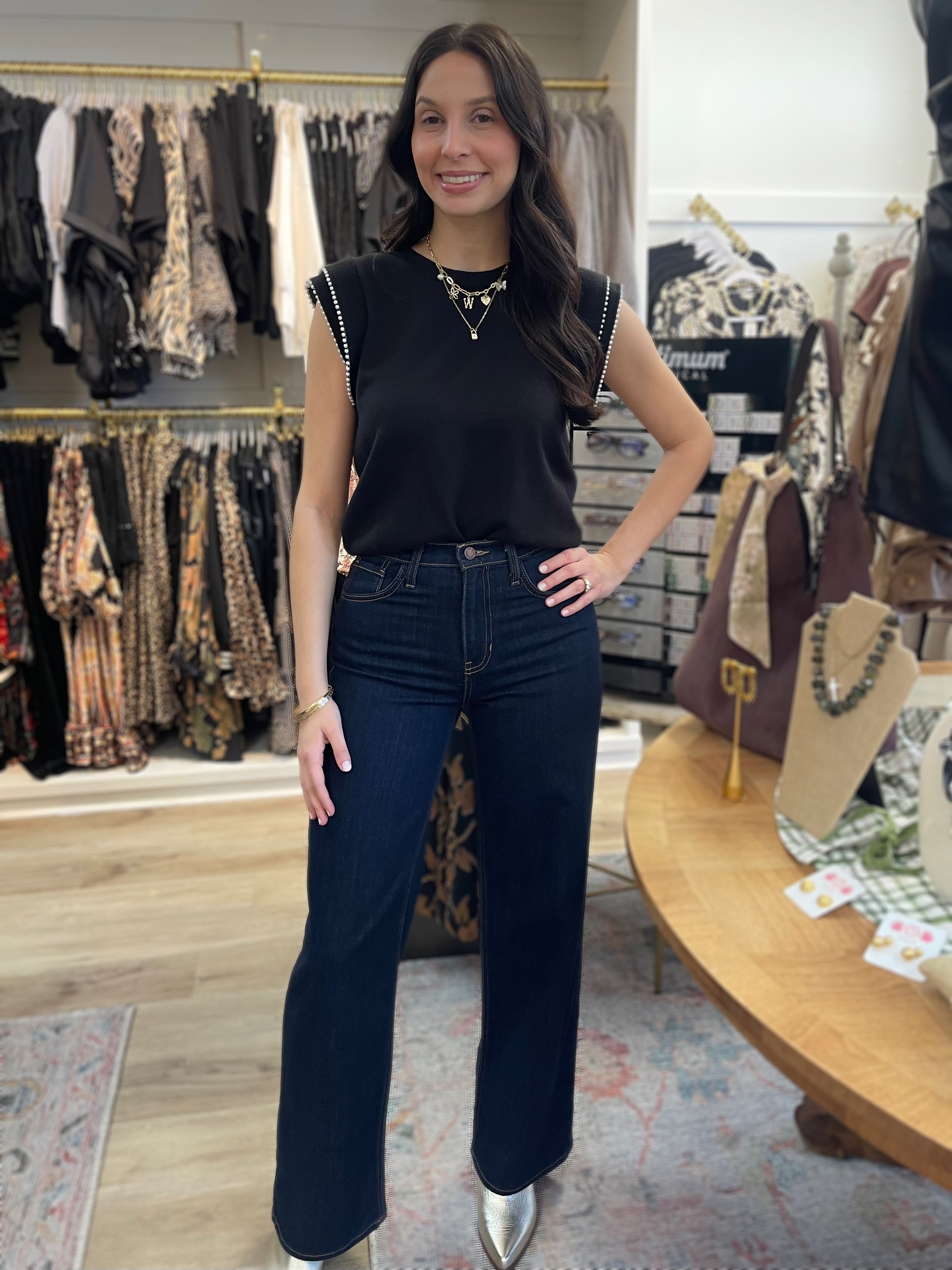 BLACK PEARL TRIM SLEEVELESS SWEATER TOP