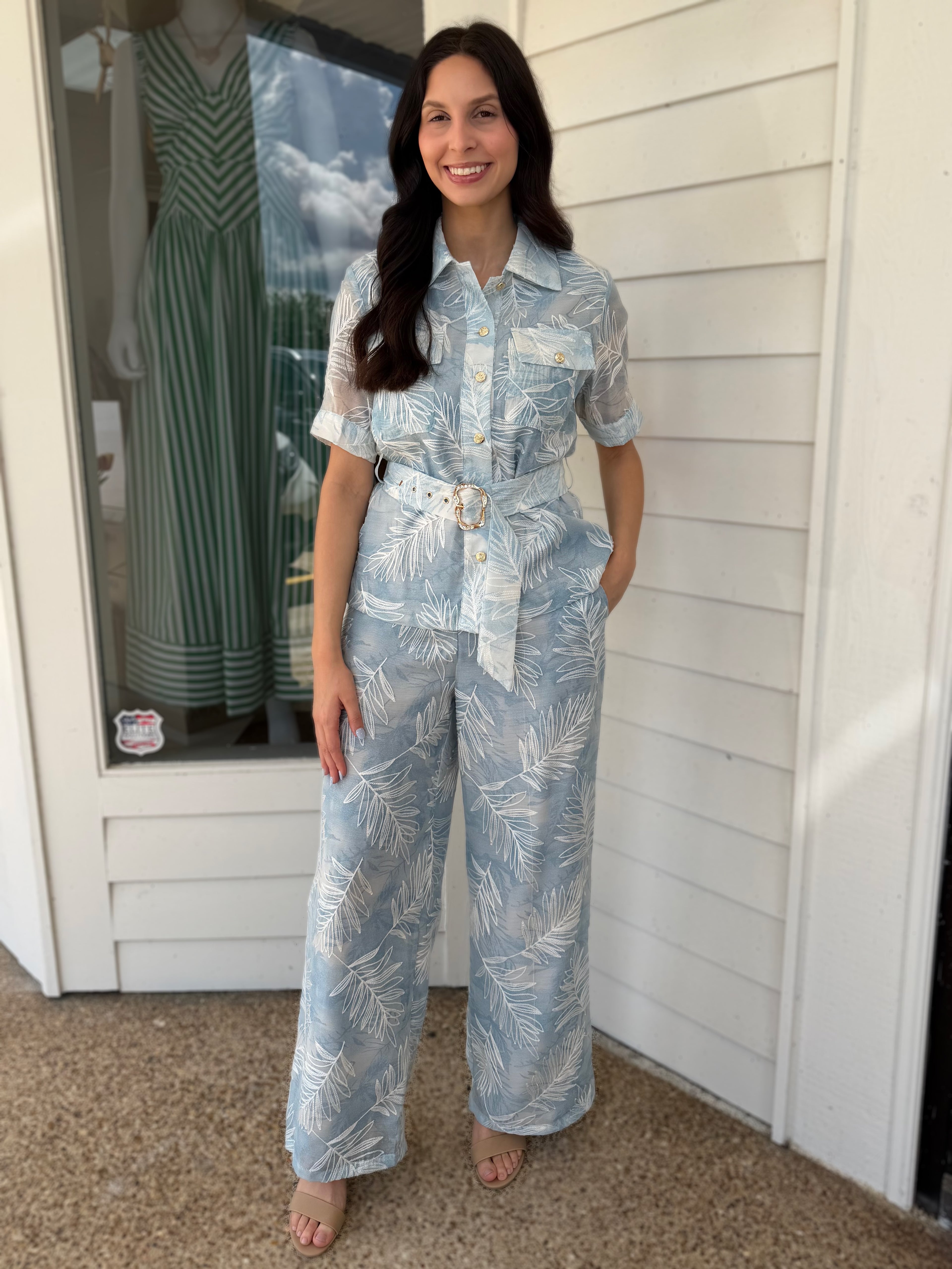 BLUE MULTI FLORAL EMBROIDERY SHORT SLEEVE BUTTON UP TOP AND WIDE LEG PANT SET