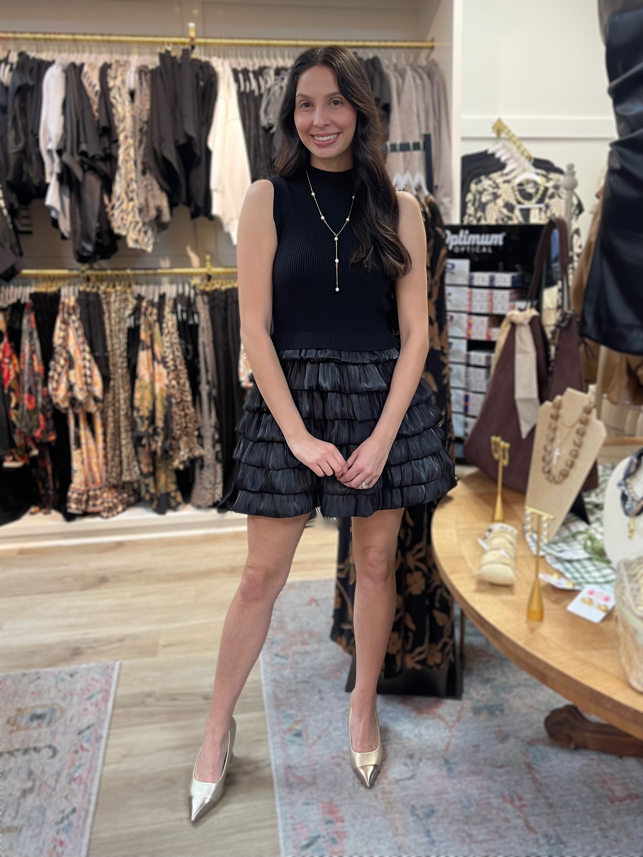 BLACK SLEEVELESS MOCK NECK MIXED MEDIA TIERED BUBBLE SKIRT MINI DRESS