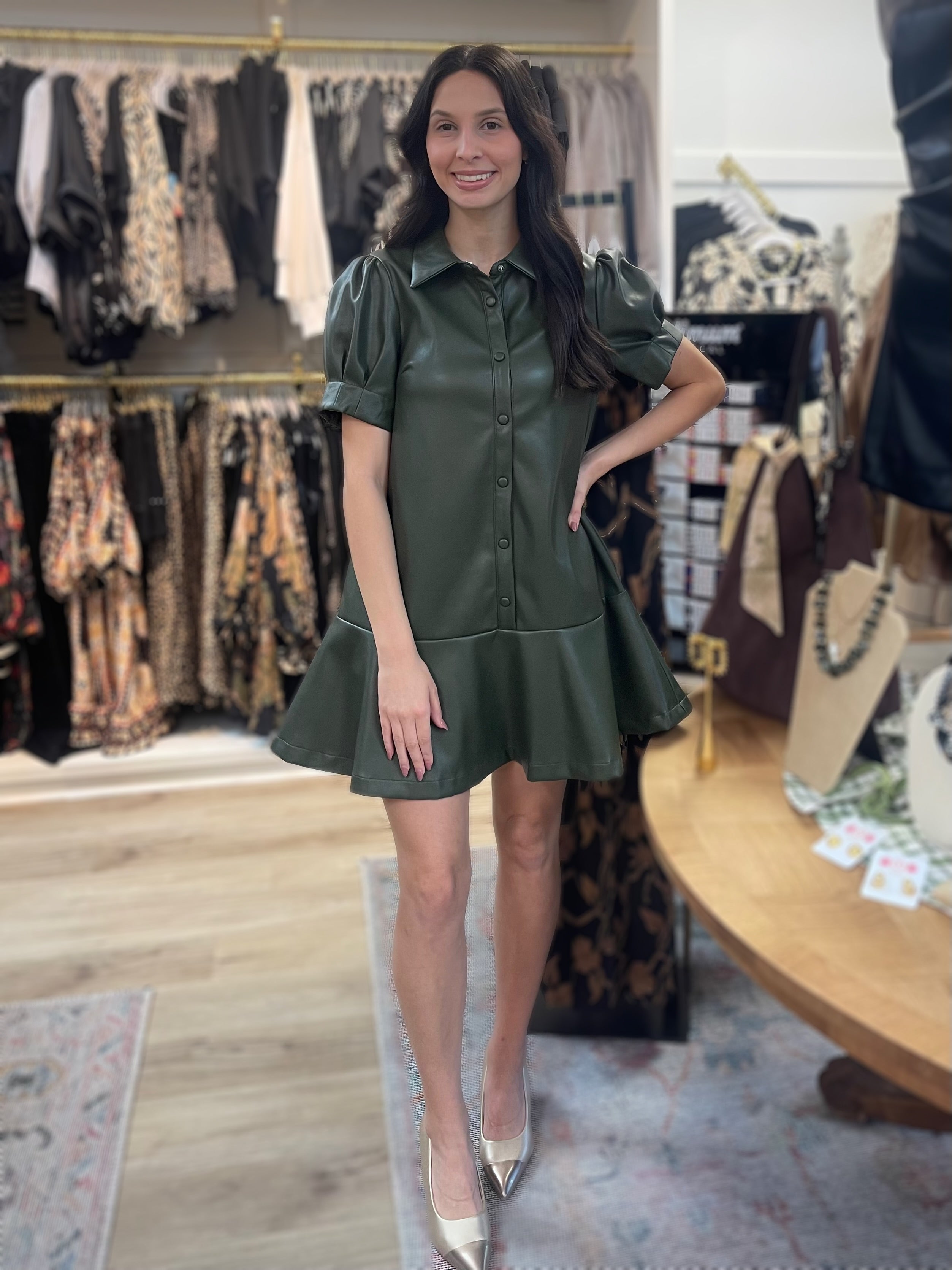 OLIVE FAUX LEATHER BUTTON UP RUFFLE TIER MINI DRESS