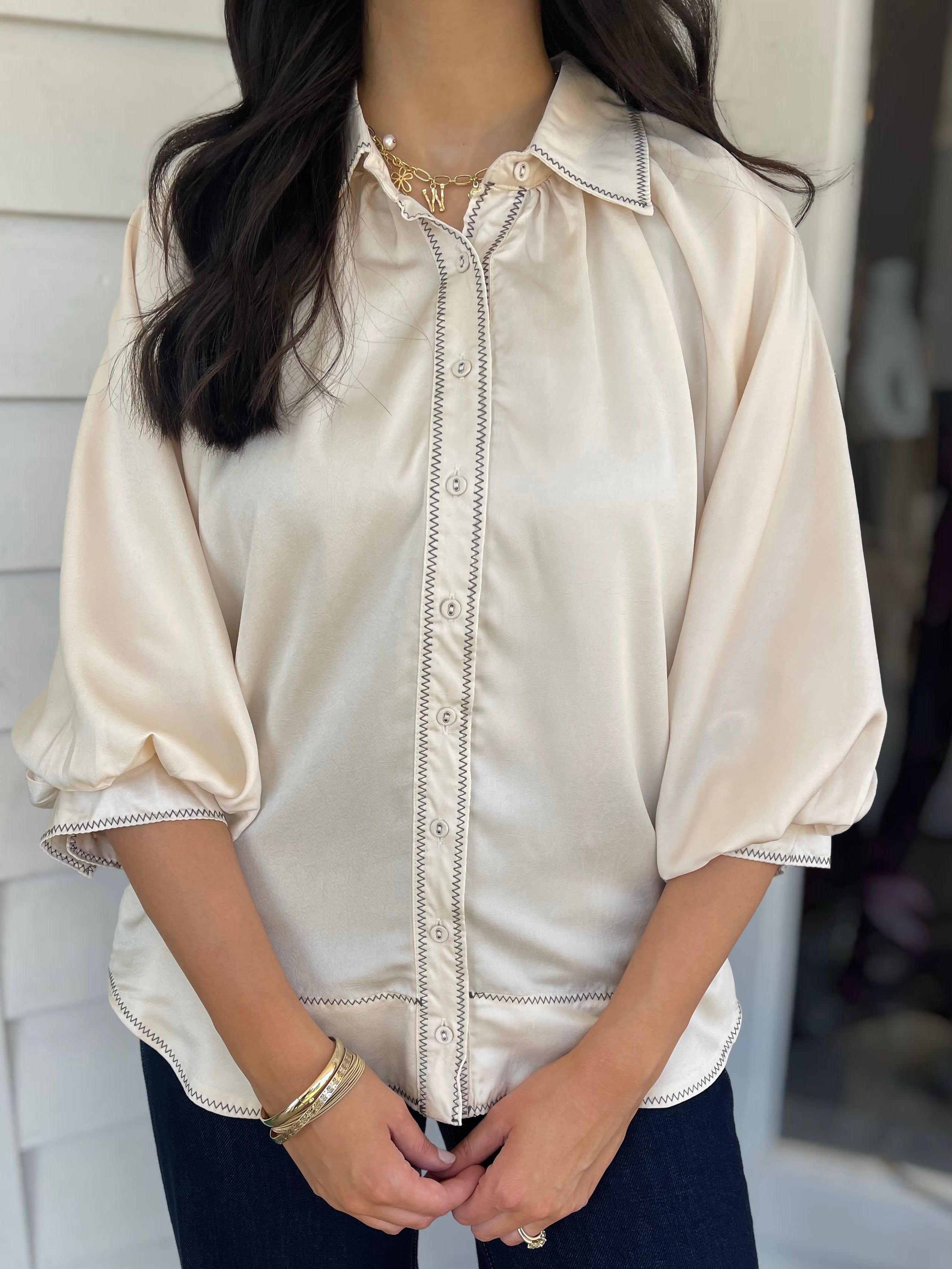 CREAM SATIN CONTRAST STITCH BALLOON SLEEVE BUTTON DOWN BLOUSE