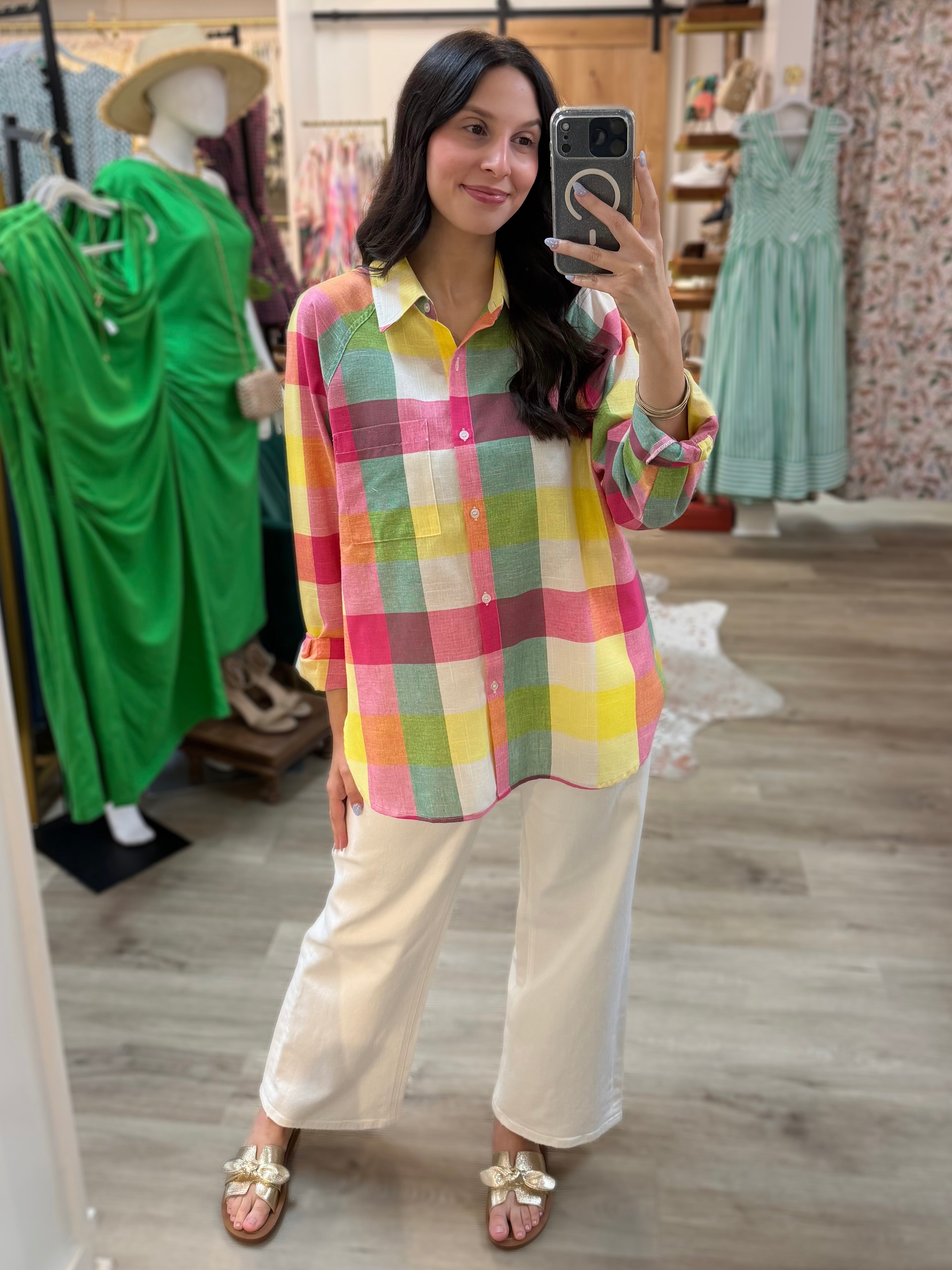 SWEET TART PLAID LONG SLEEVE BUTTON UP PAULA TOP